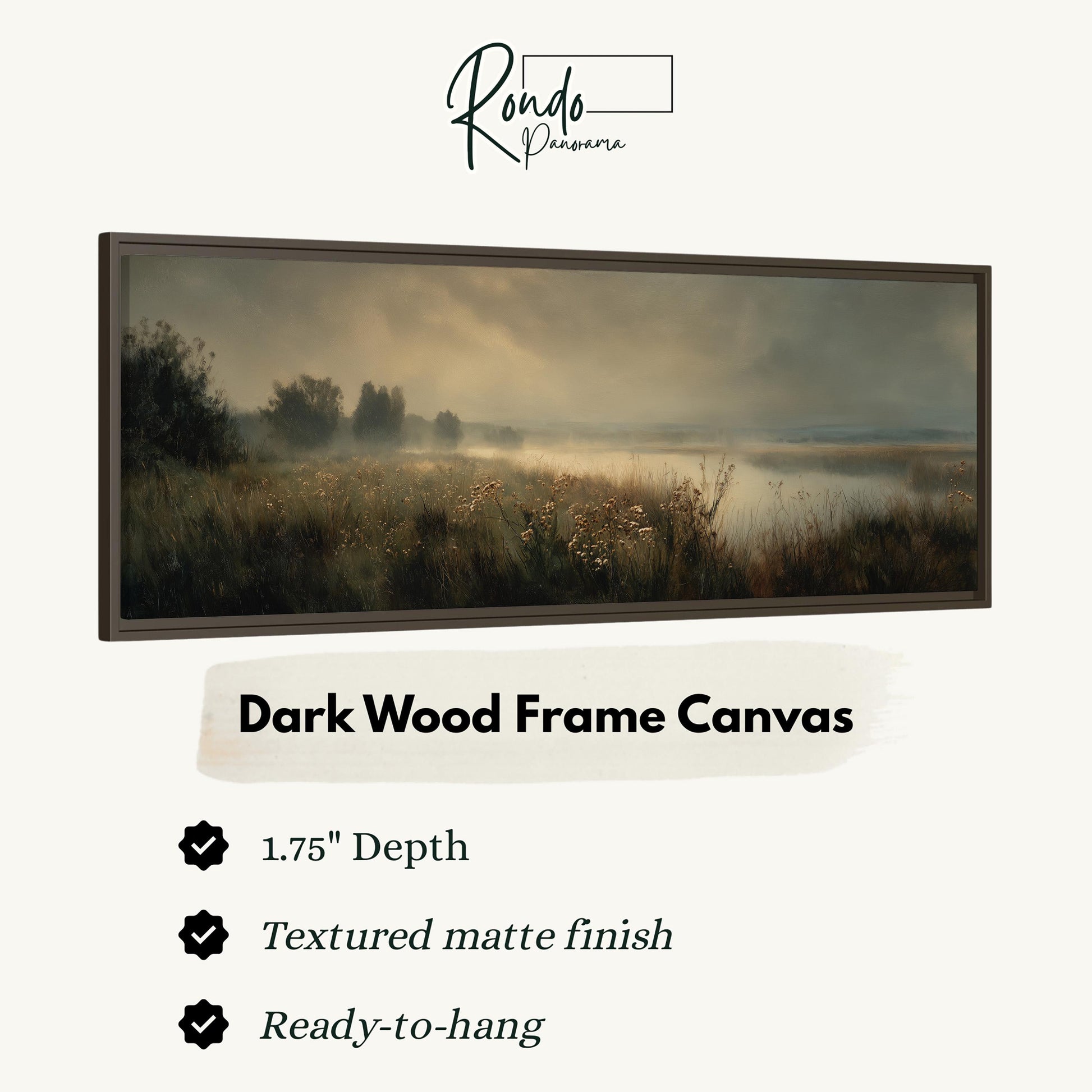 The image is a dark wood frame canvas depicting a serene landscape with a field of tall grass and a body of water in the distance.