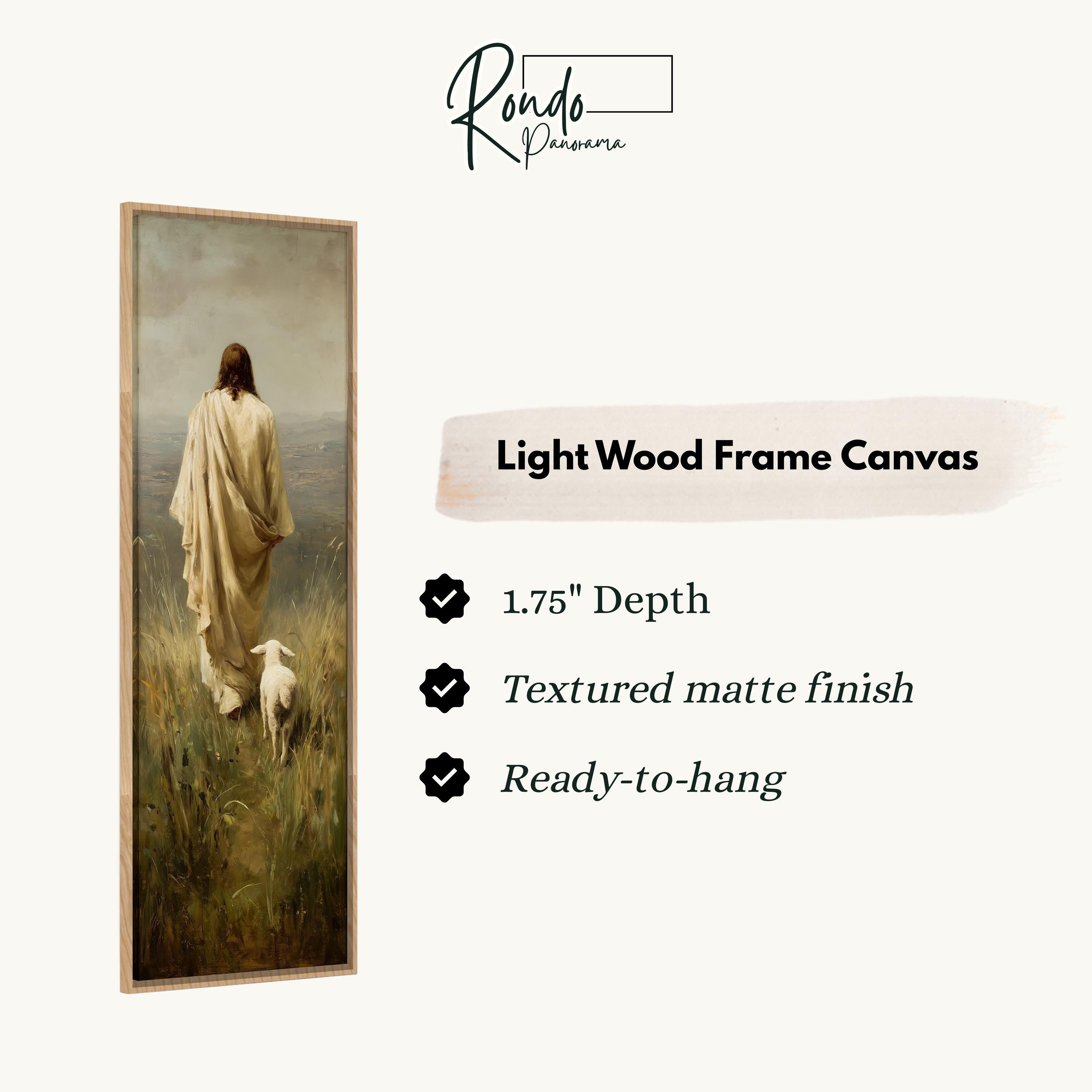 The image is a rectangular painting of a person walking in a field with a lamb, and it is described as a light wood frame canvas.