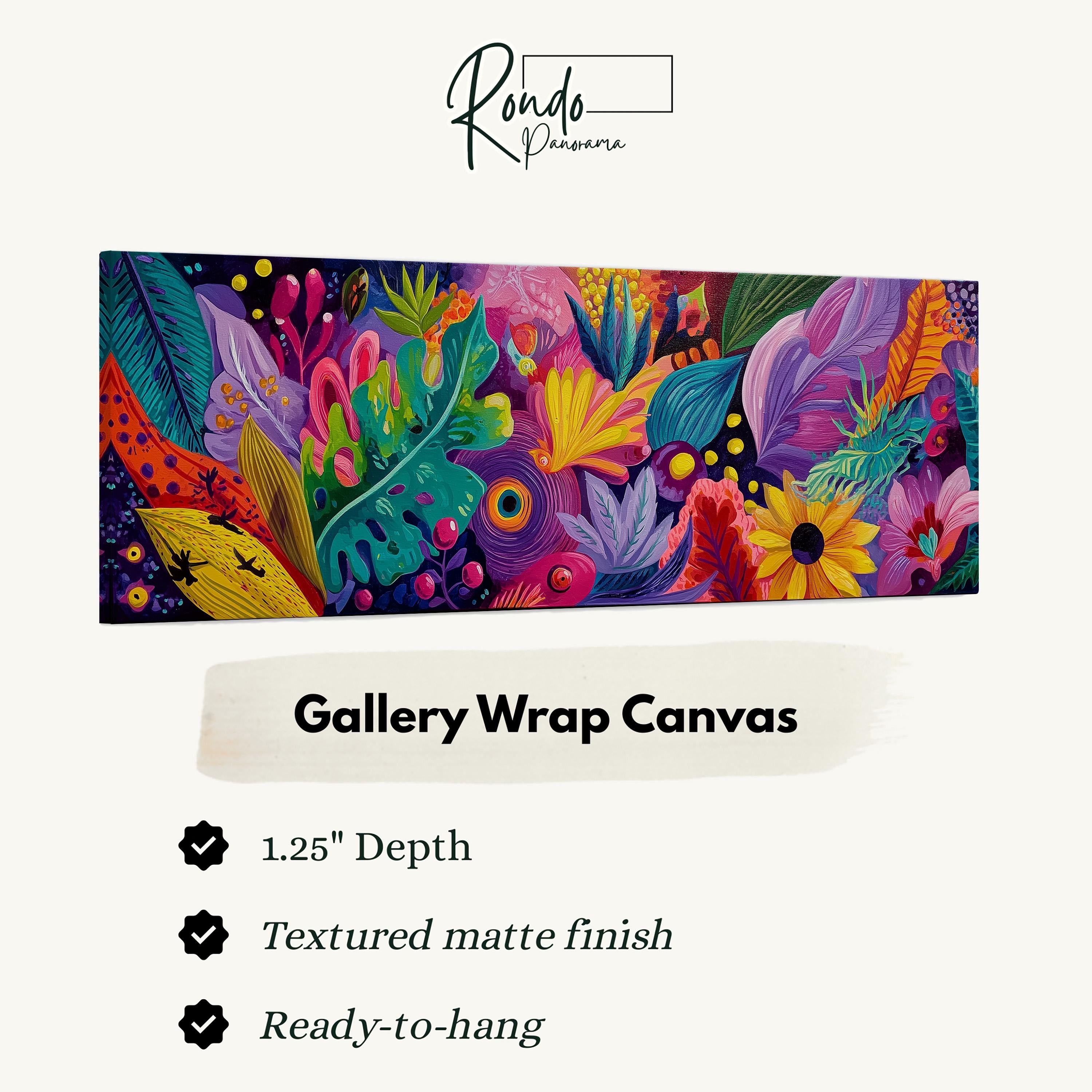 The image is a colorful and vibrant painting of a tropical garden, featuring a variety of flowers, leaves, and other natural elements.