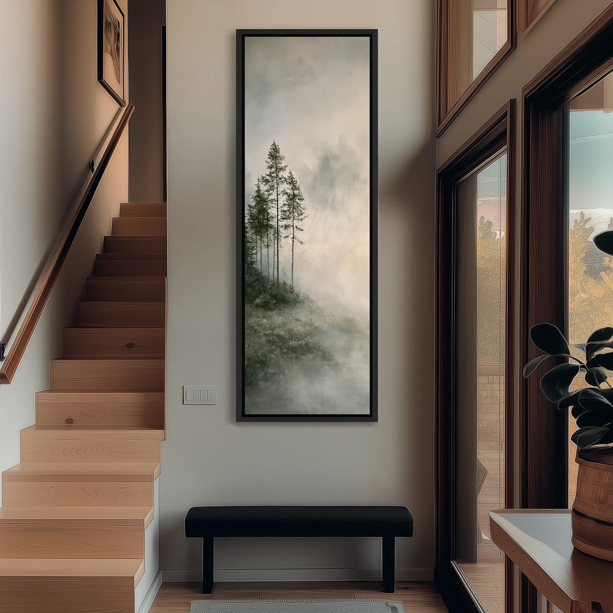 Monochrome pines in heavy mist tall narrow canvas print beside a staircase in an entryway