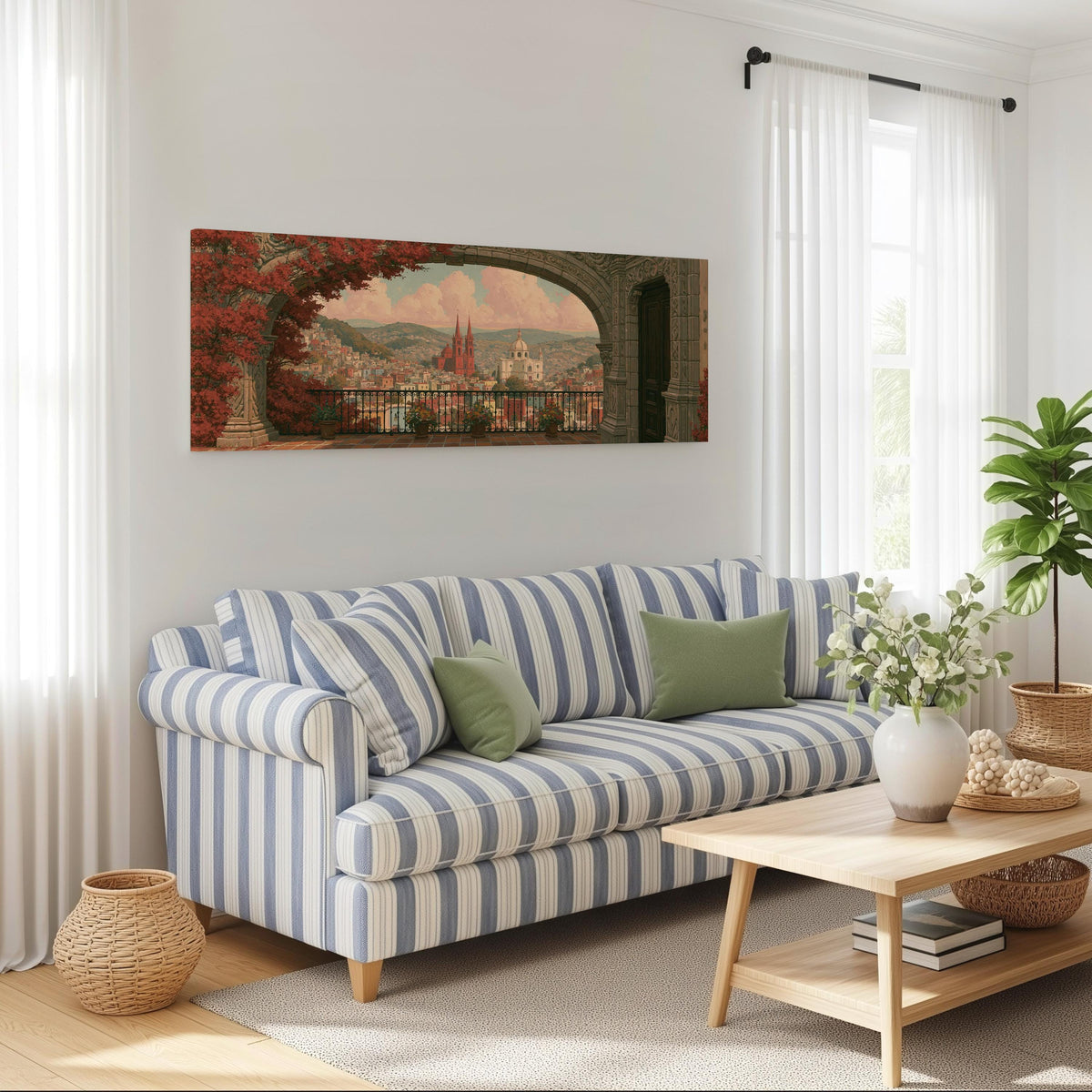 Old world city view through an archway long horizontal canvas print above a striped sofa in a coastal living room