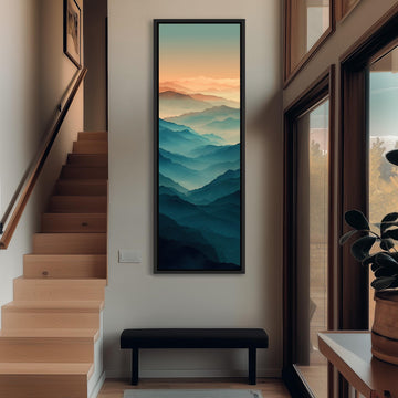 a hallway with a large painting of mountains hanging on the wall, a wooden staircase, and a bench in the foreground.