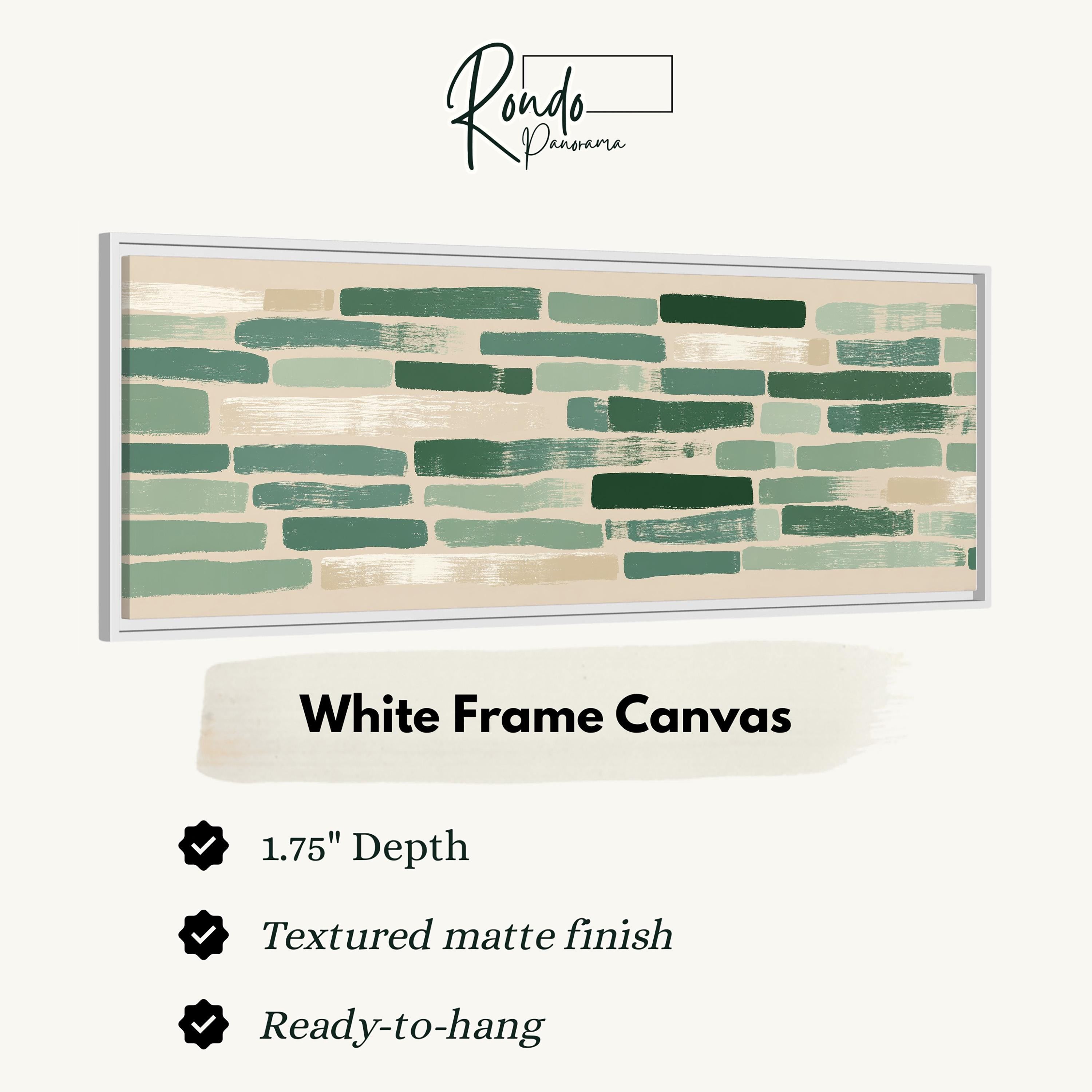 The image is a product advertisement for a white frame canvas. It features a close-up of a white frame canvas with a green and beige striped pattern. The advertisement provides details about the product, including its dimensions, finish, and hanging capabilities.