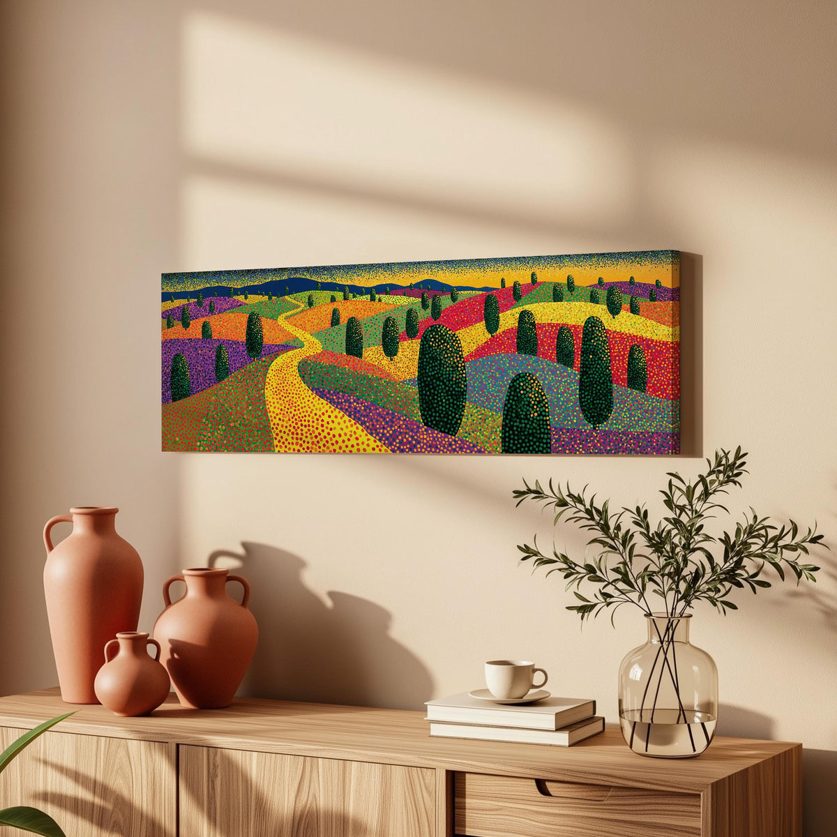 Colorful dotted garden with a winding path long horizontal canvas print above a wooden sideboard