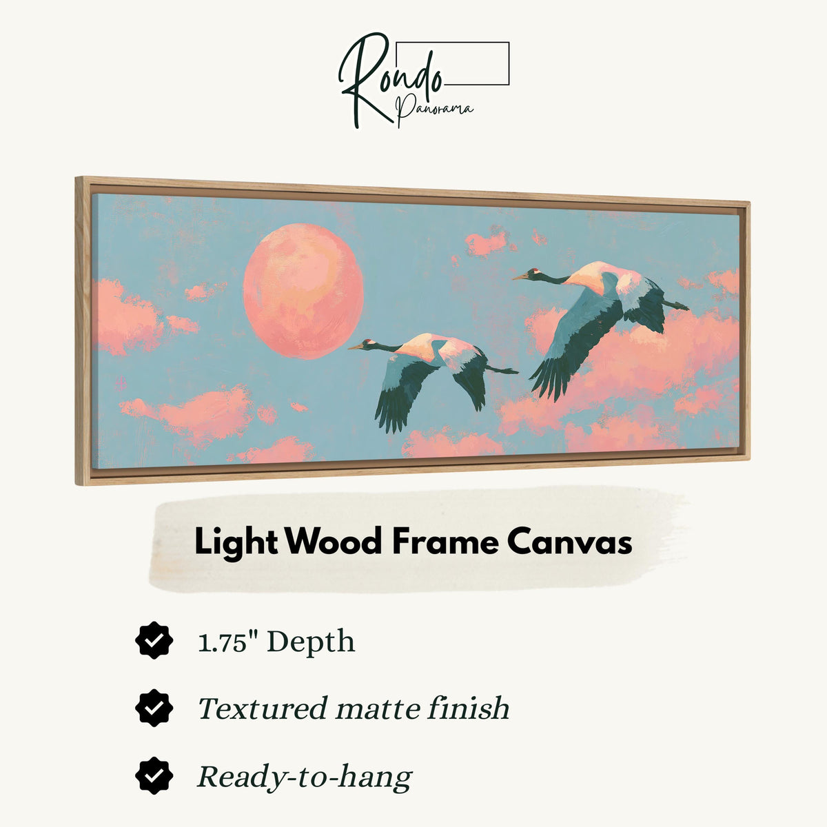 Two cranes flying at sunset canvas print in a light wood floating frame