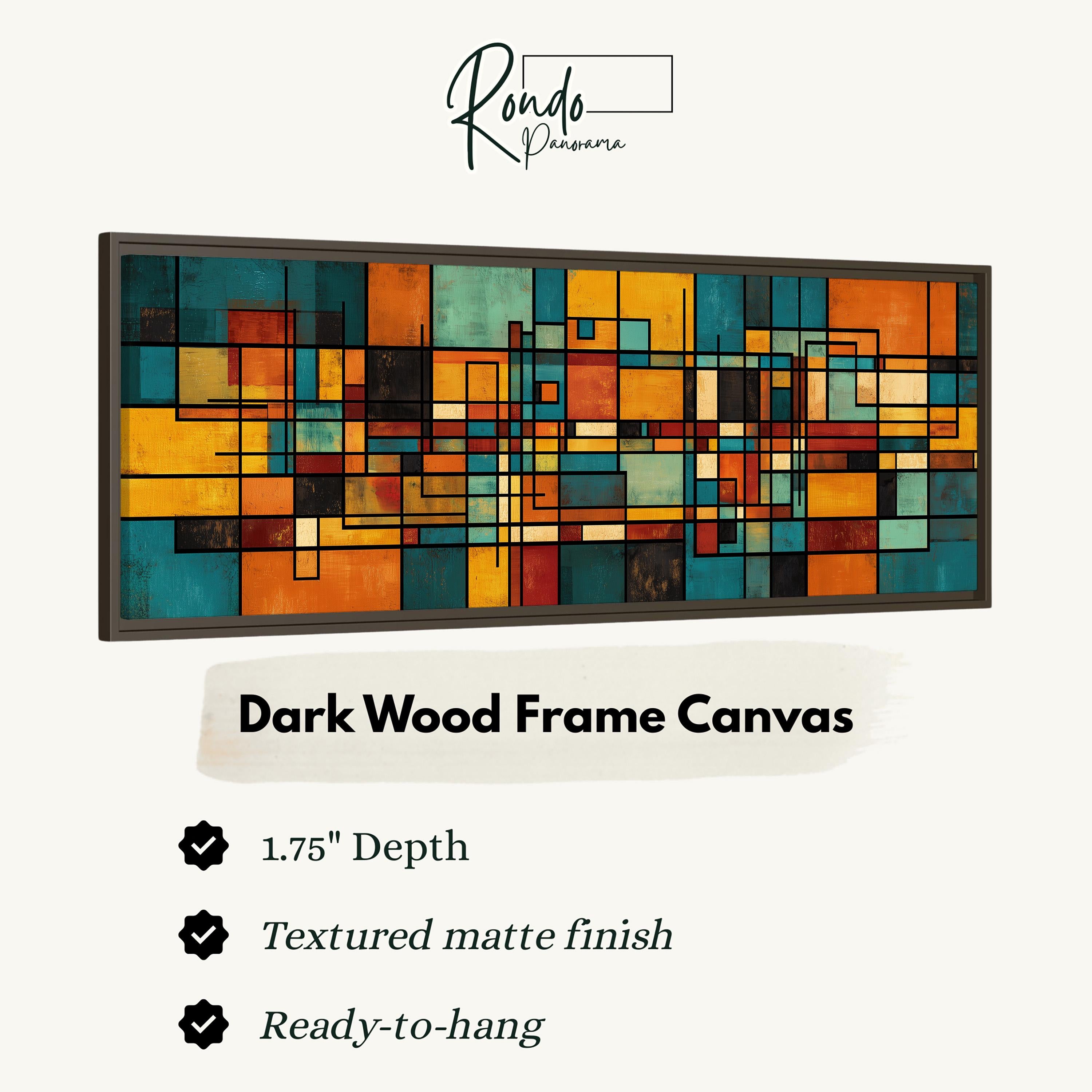 The image is a product advertisement for a dark wood frame canvas. It features a colorful abstract painting with a variety of geometric shapes and lines. The advertisement highlights the canvas's 1.75" depth, textured matte finish, and ready-to-hang feature.