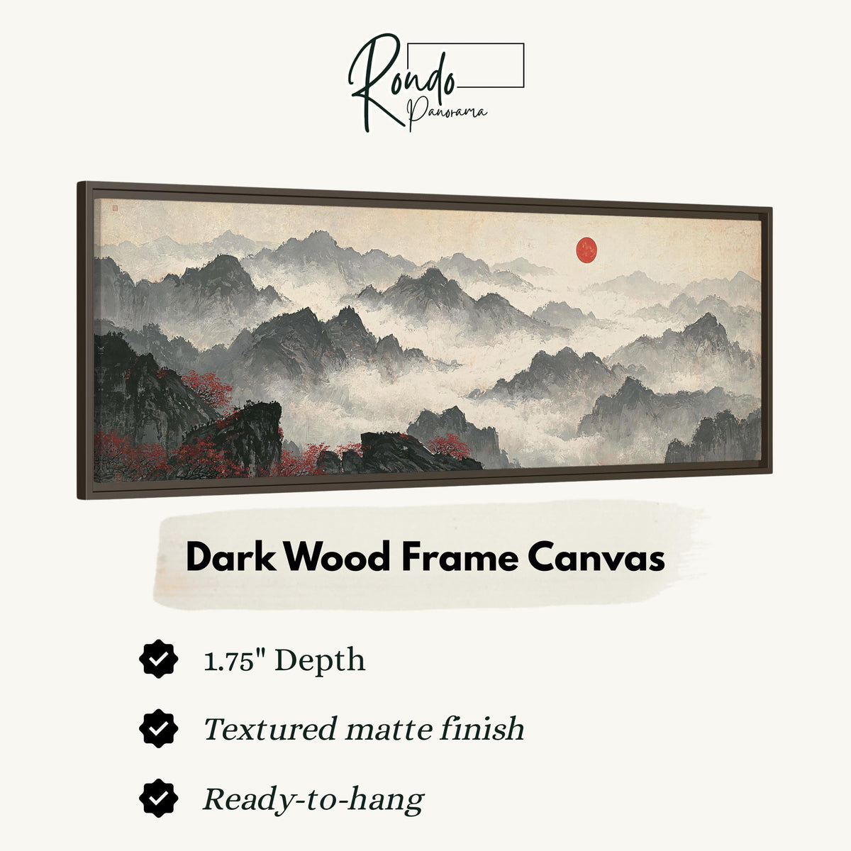 Misty ink mountains under a red sun canvas print in a dark wood floating frame