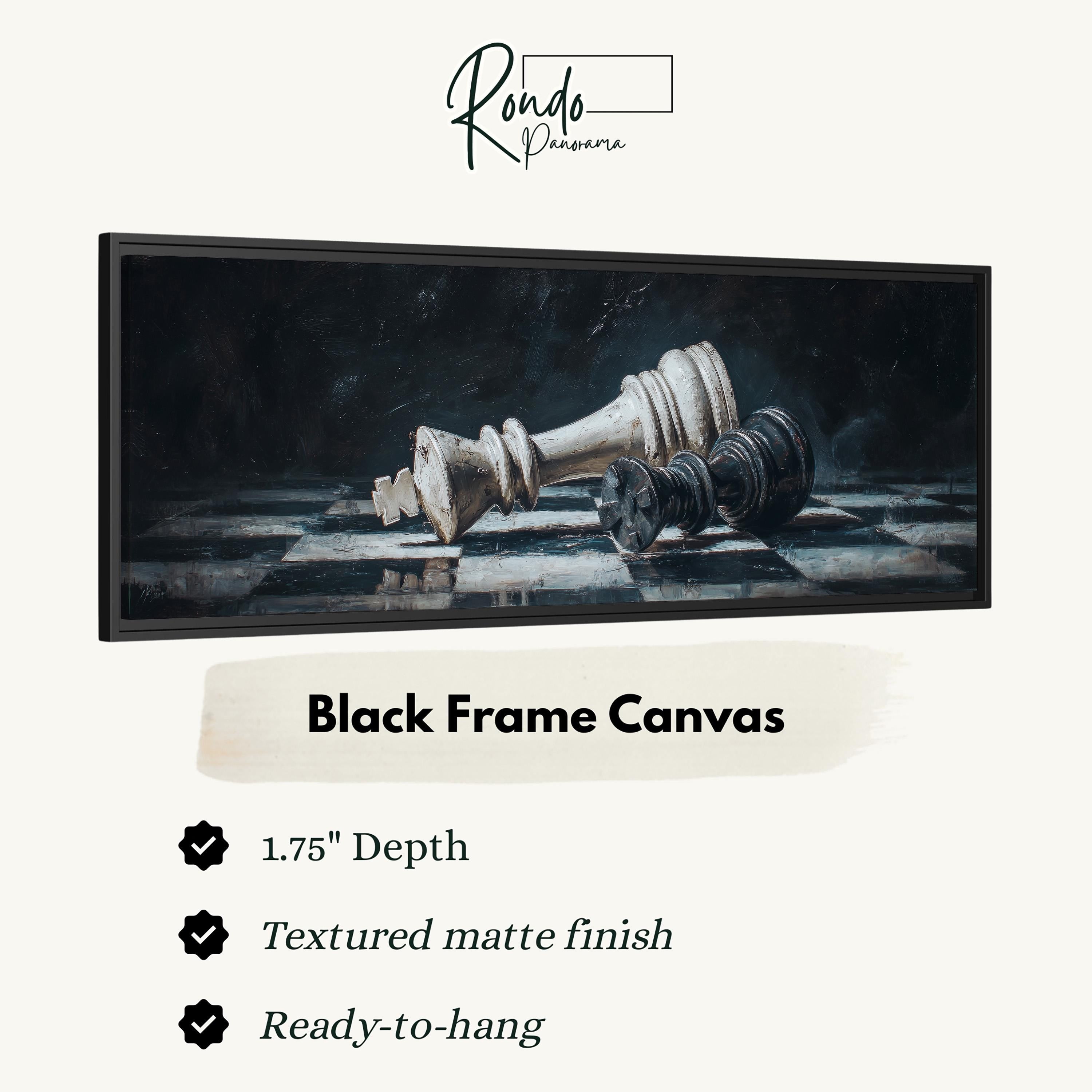 The image is a black frame canvas depicting a chess king on a chessboard.
