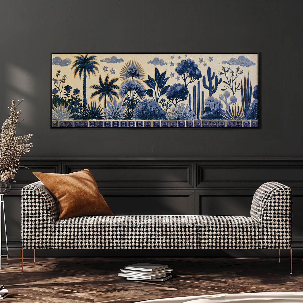 Blue palms, cacti and flowers pattern wide panoramic canvas print above a bench in a dark living room