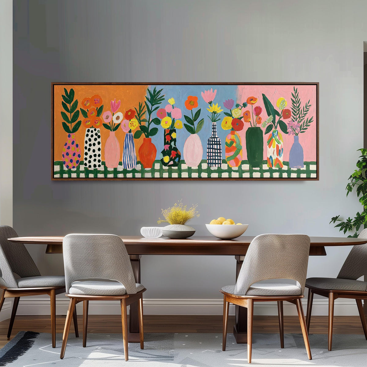 Folk art flower vases on orange and blue long horizontal canvas print above a dining table