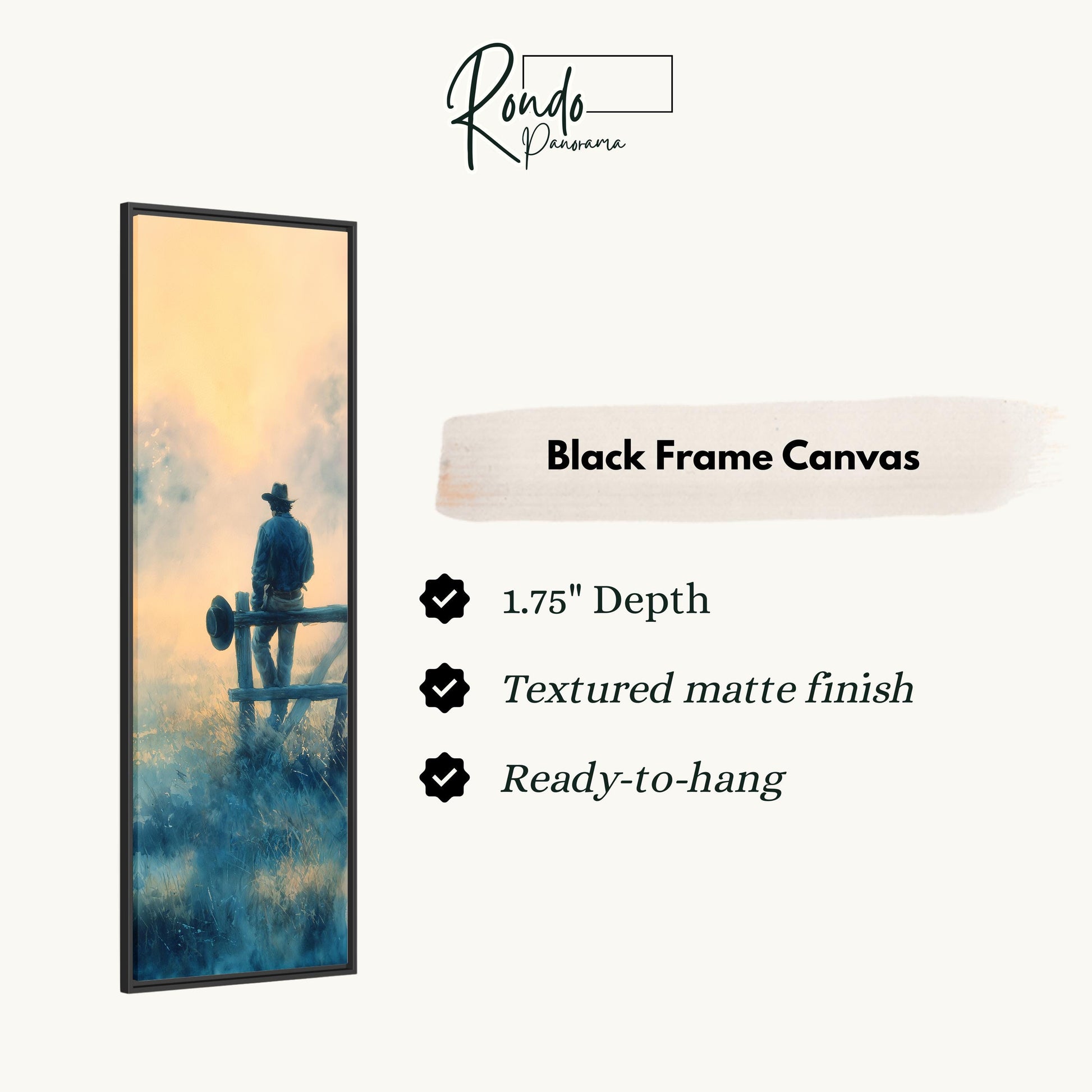 The image is a black frame canvas depicting a cowboy standing on a fence, with a sunset in the background.