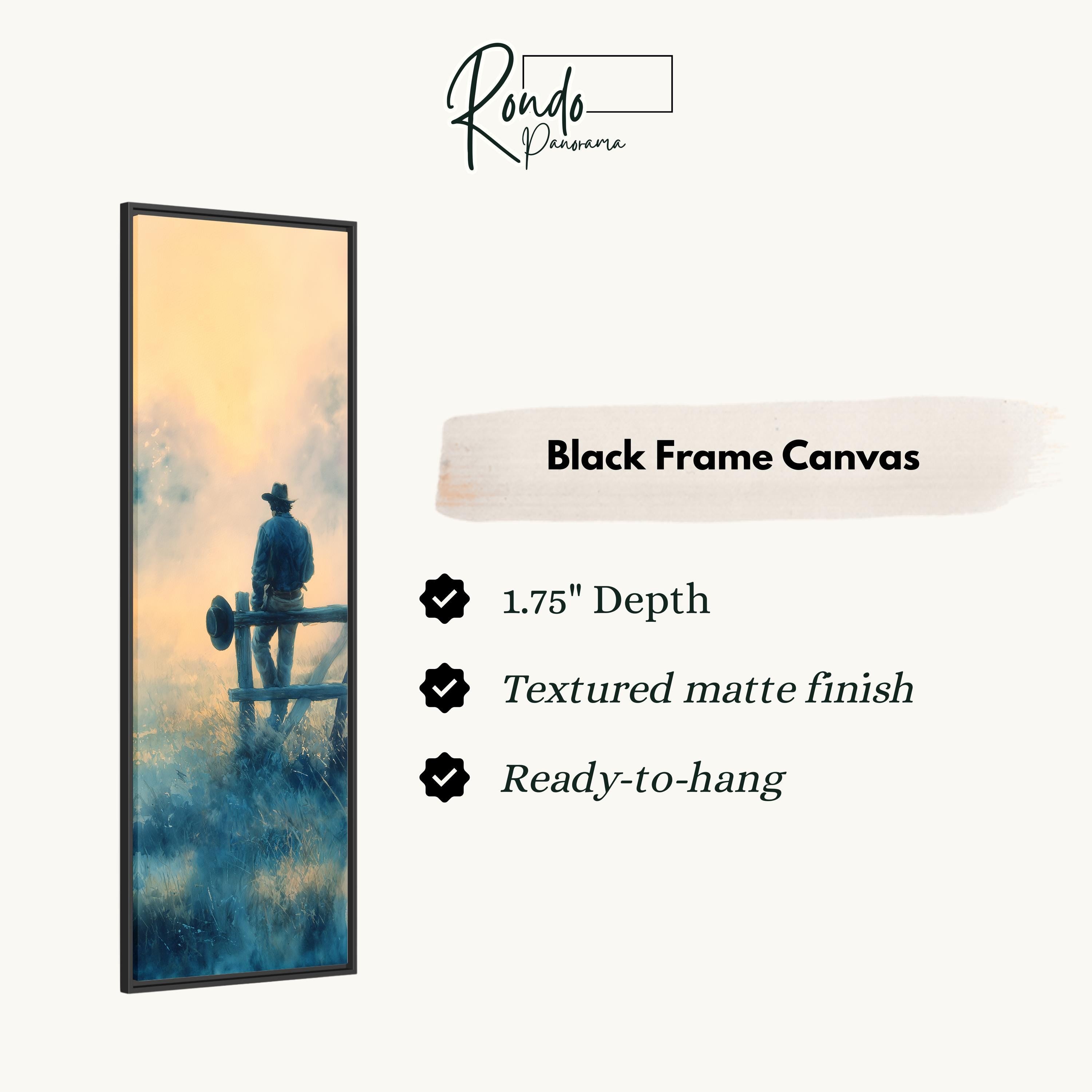 The image is a black frame canvas depicting a cowboy standing on a fence, with a sunset in the background.