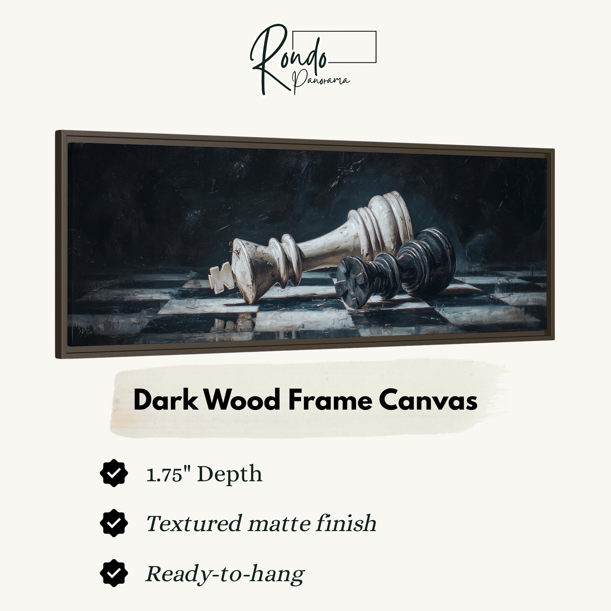 The image is a dark wood frame canvas featuring a painting of a chess king on a chessboard.