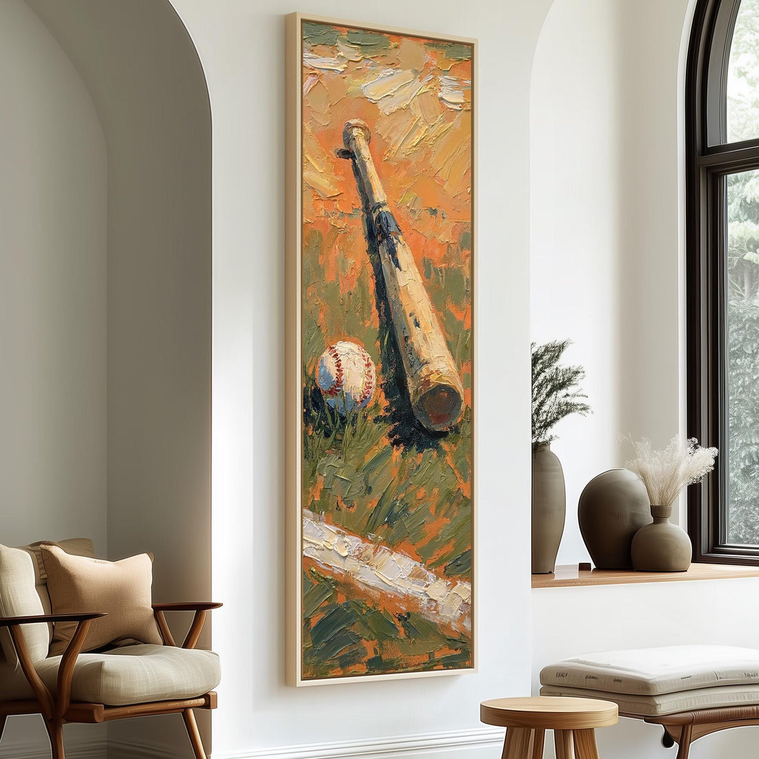 Vintage bat and baseball in the grass long vertical canvas print in a sunlit living space