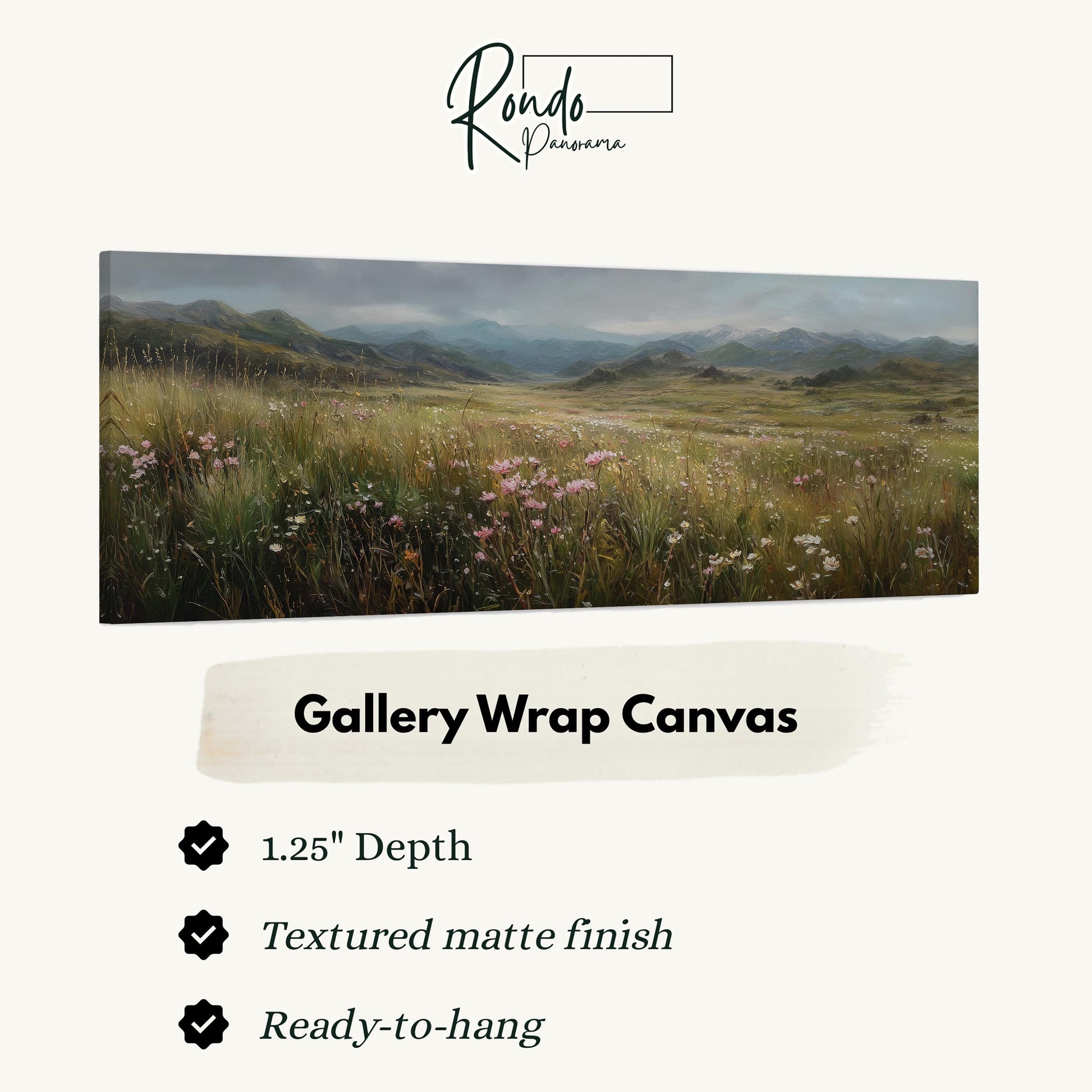The image is a landscape painting depicting a field of flowers with mountains in the background.