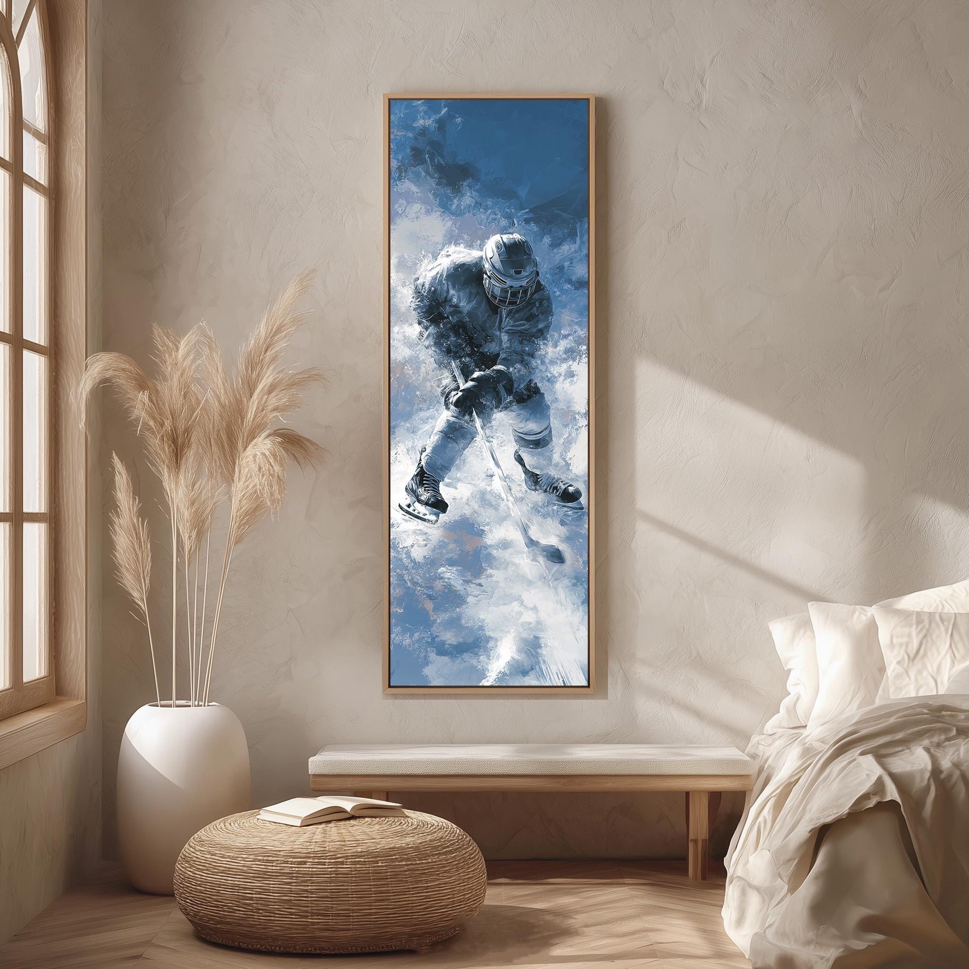 a large framed painting of a person skiing on a snowy mountain, hanging on a wall in a room with a bed, a potted plant, and a woven ottoman.