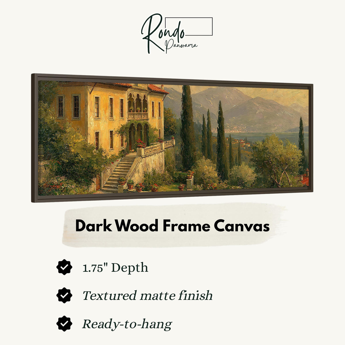 Tuscan villa among cypress hills canvas print in a dark wood floating frame