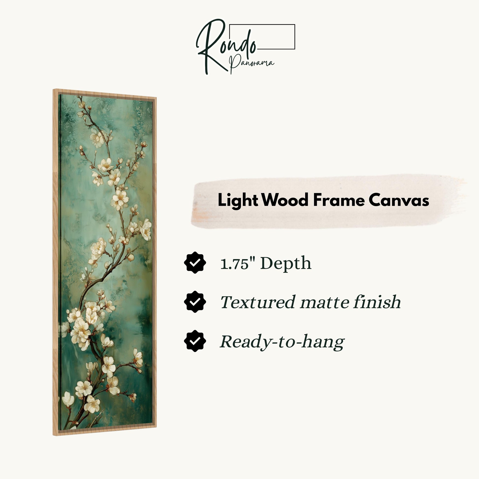The image is a light wood frame canvas featuring a painting of white flowers on a branch.