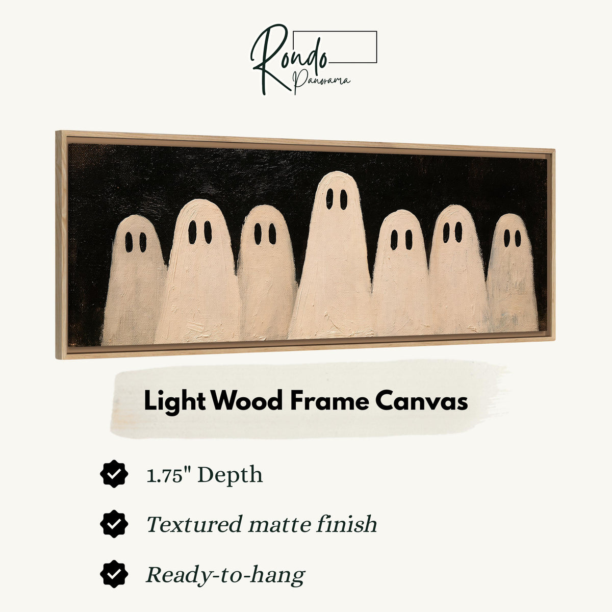 Friendly ghost gang canvas print in a light wood floating frame
