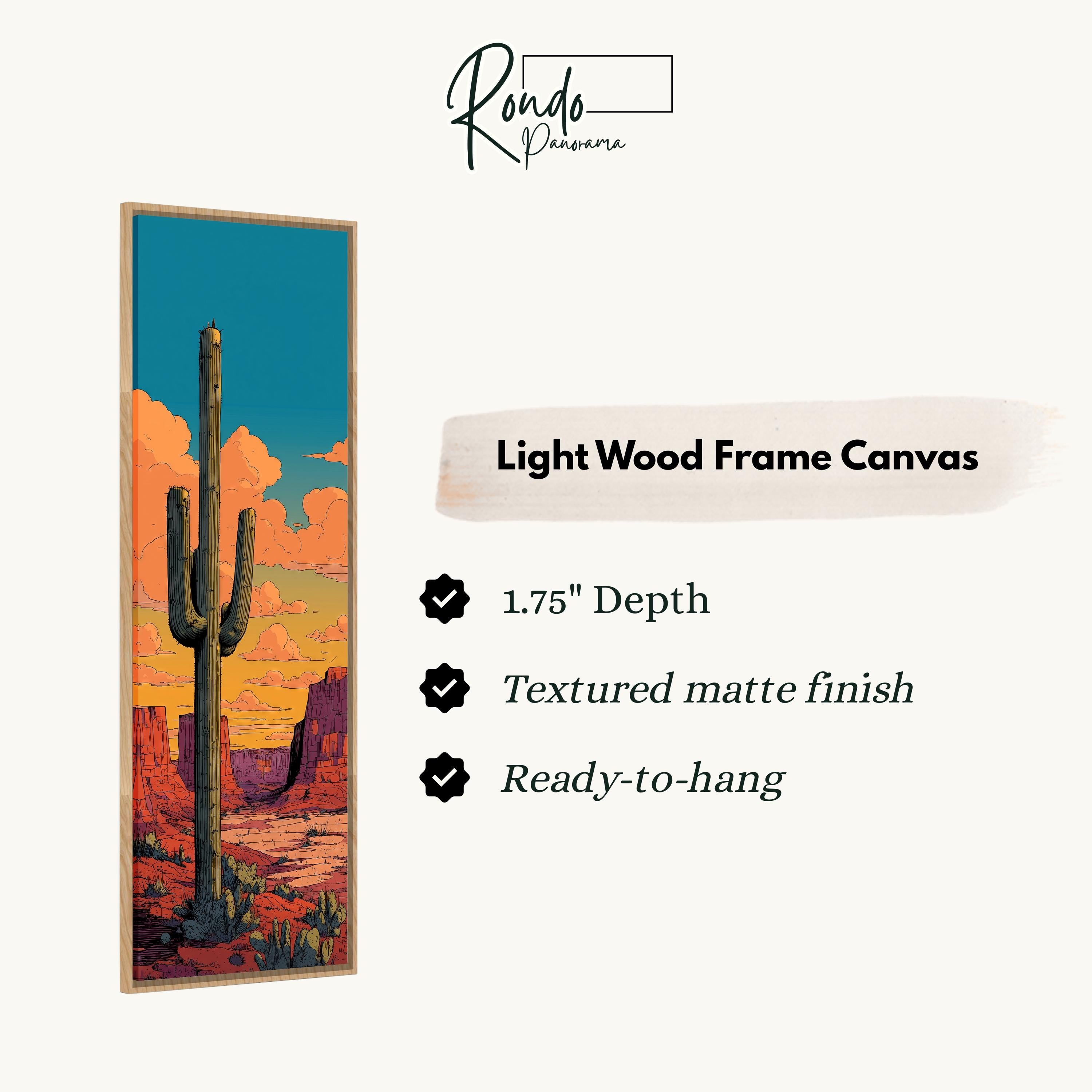The image is a light wood frame canvas depicting a desert landscape with a cactus in the foreground.