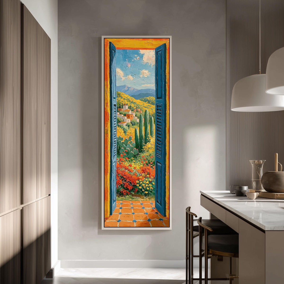 Open blue door onto a Mediterranean valley tall skinny canvas print in a modern kitchen