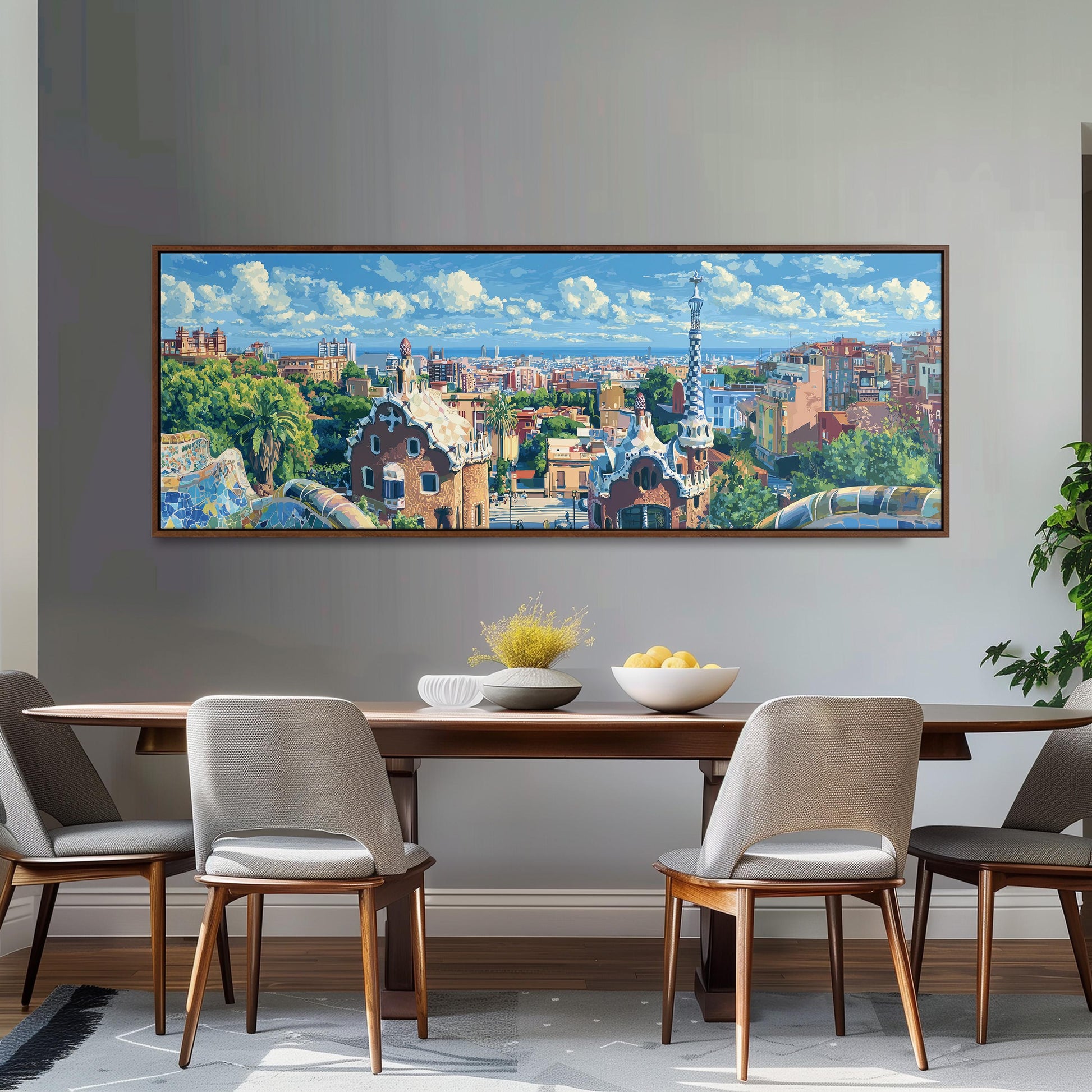 a large, colorful painting of a cityscape hanging on a wall above a wooden dining table with four chairs.