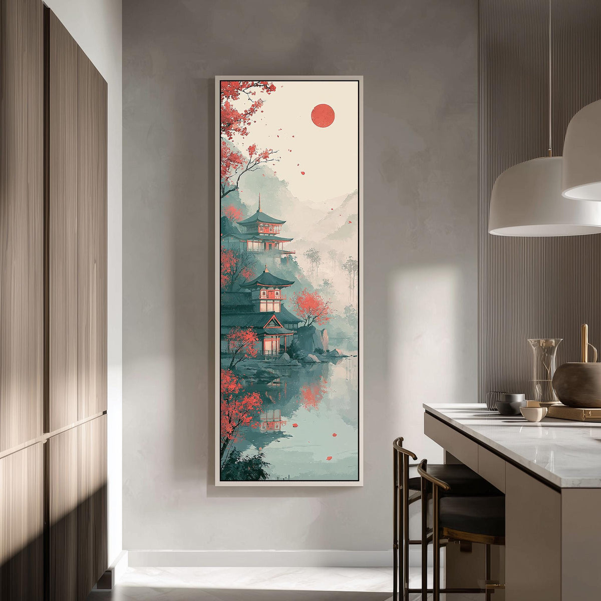 Pagoda by a misty lake under a red sun tall skinny canvas print in a modern kitchen