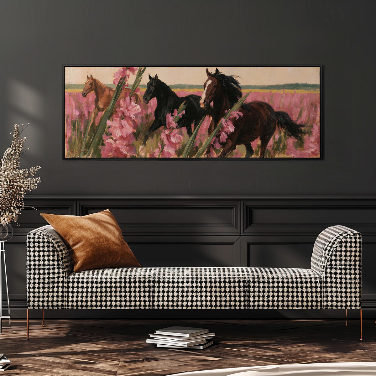 Horses running through pink gladiolus wide panoramic canvas print above a bench in a dark living room