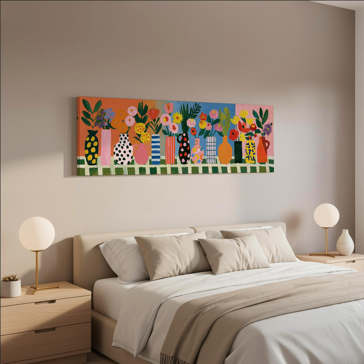 Patterned vases with bright bouquets wide panoramic canvas print above a bed in a neutral bedroom