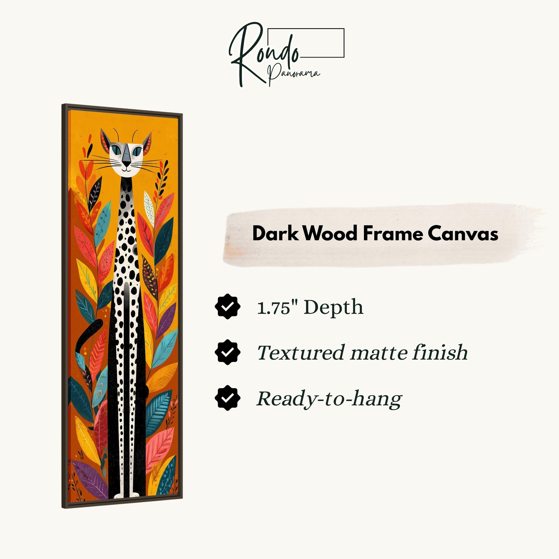 The image is a rectangular frame canvas depicting a giraffe surrounded by colorful leaves and flowers.