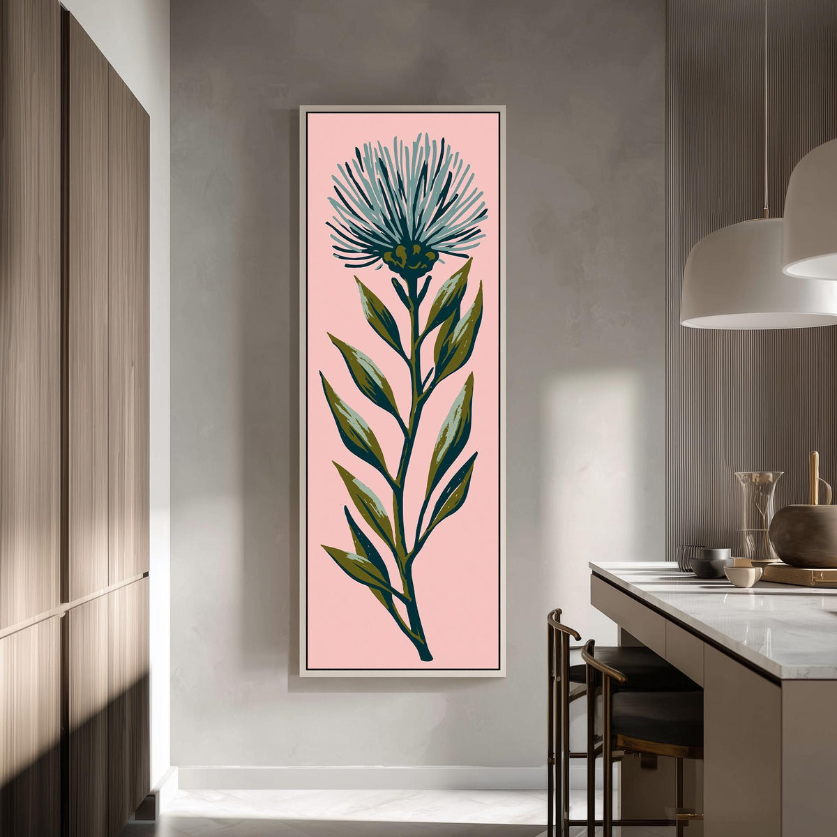 Blue thistle flower on blush pink tall skinny canvas print in a modern kitchen