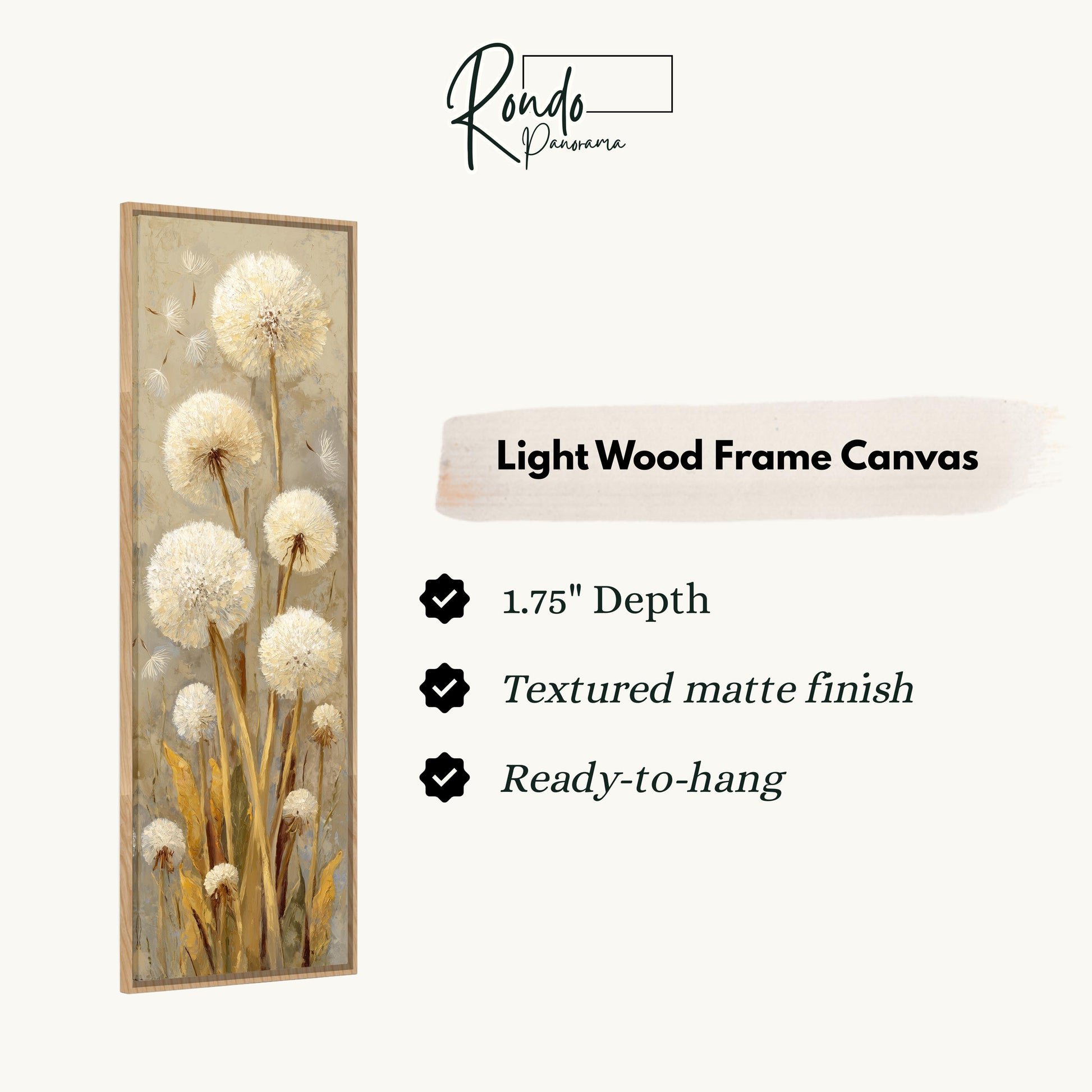 The image is a light wood frame canvas featuring a painting of dandelions.