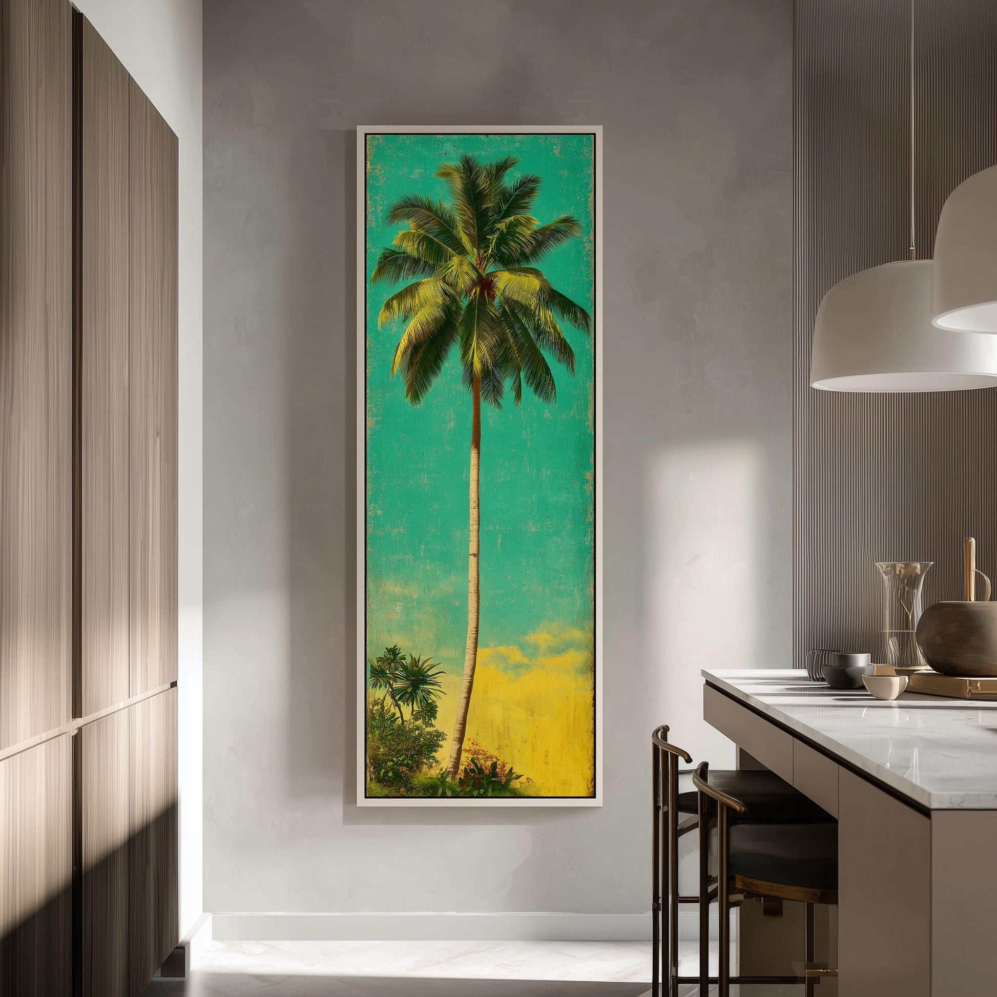 a large framed painting of a palm tree on a wall, with a bright green background and a yellow sky.