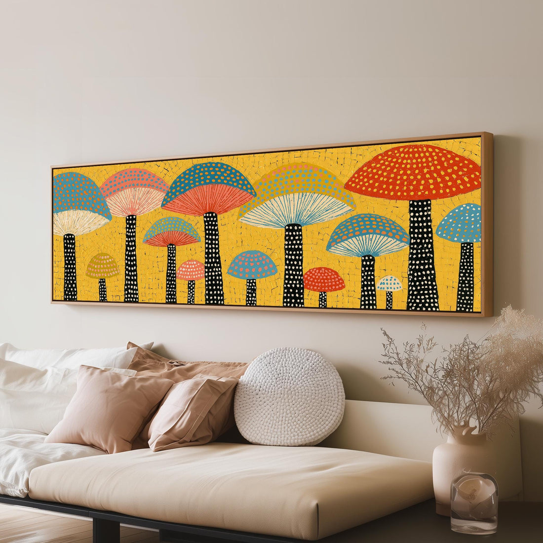 Golden mushroom parade long horizontal canvas print above a sofa in a living room