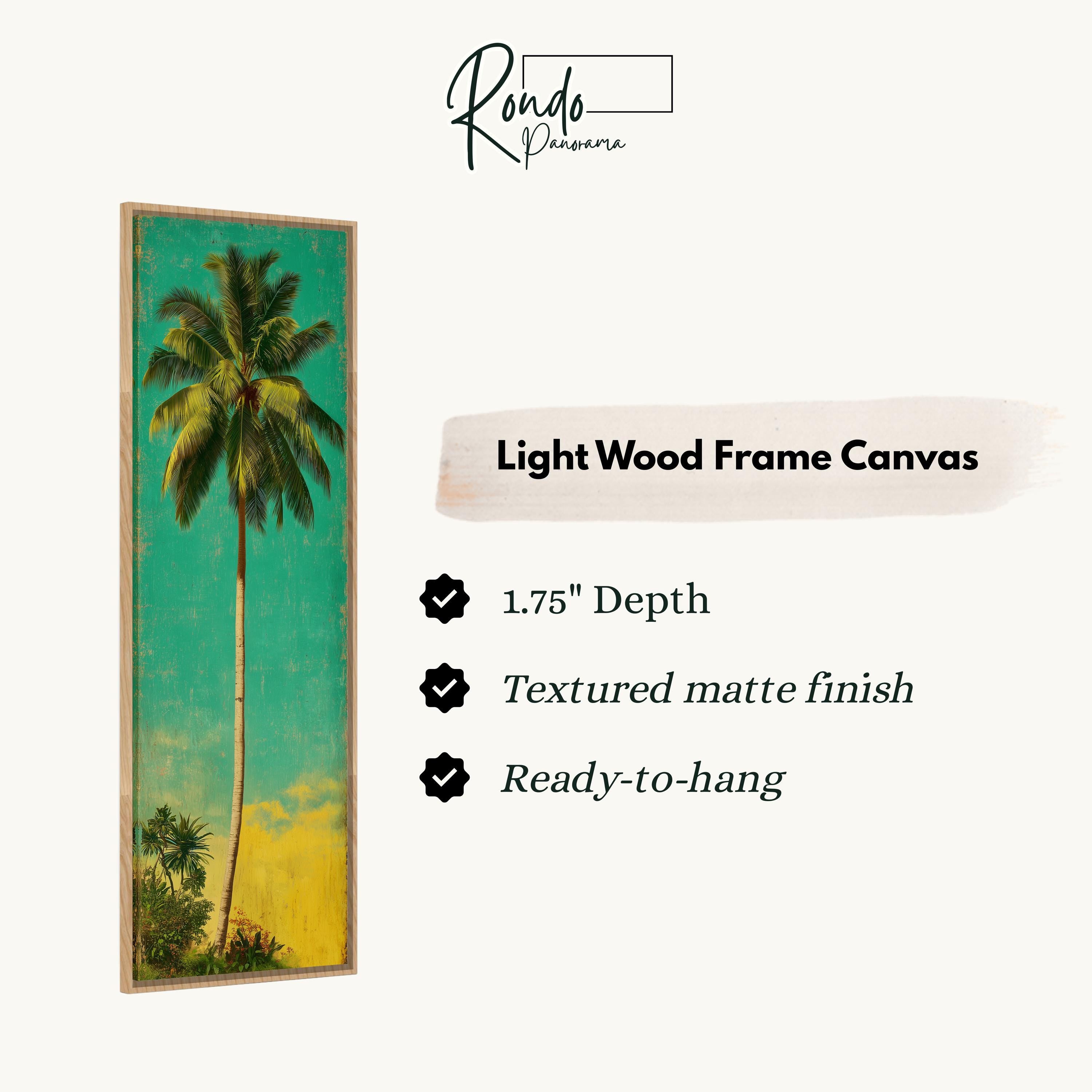 The image is a light wood frame canvas depicting a palm tree against a green background.