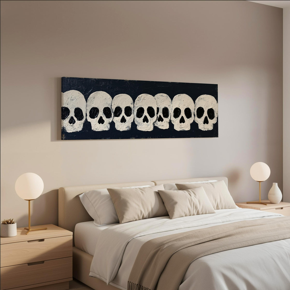 Row of white skulls on navy wide panoramic canvas print above a bed in a neutral bedroom