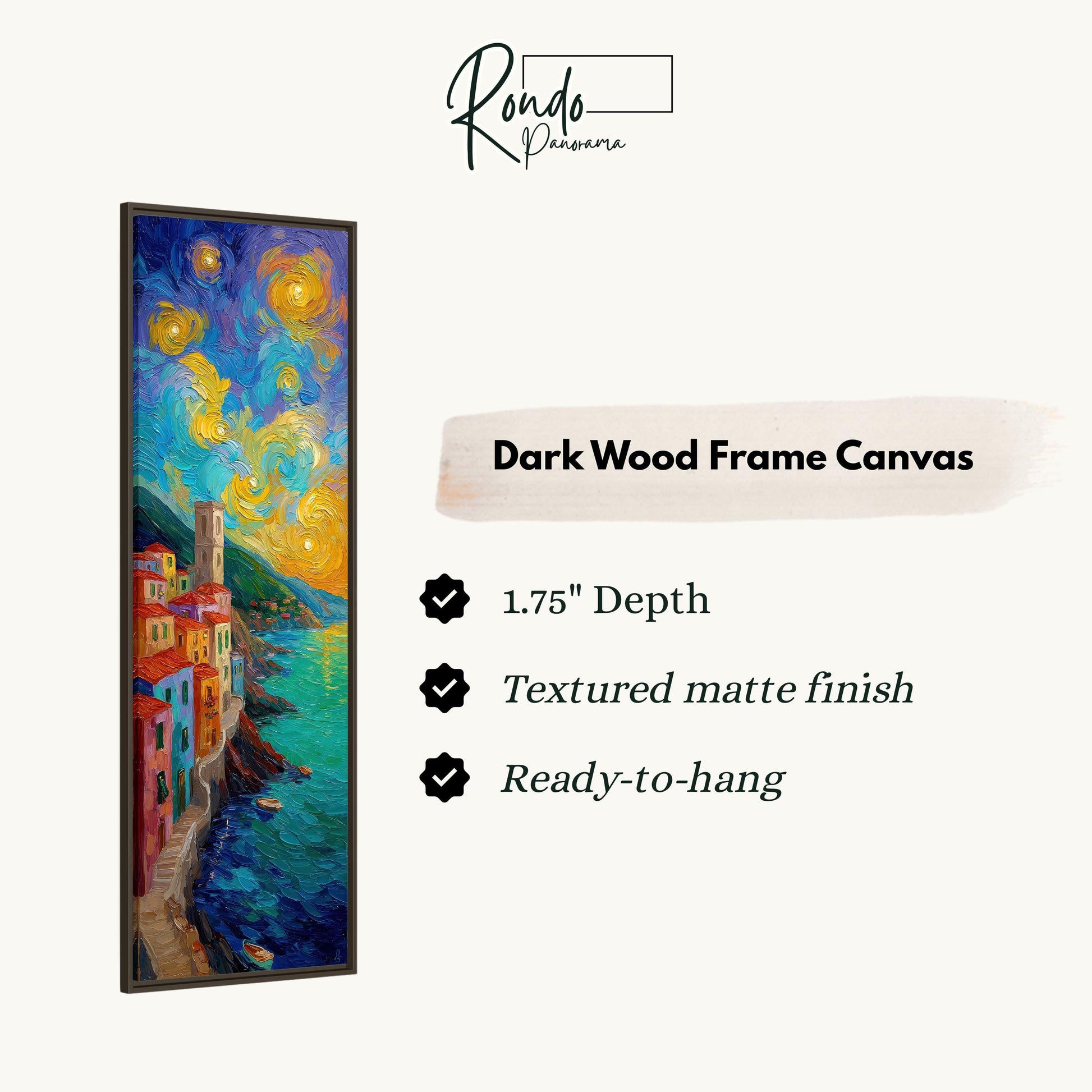 The image is a vertical text box containing information about a dark wood frame canvas.