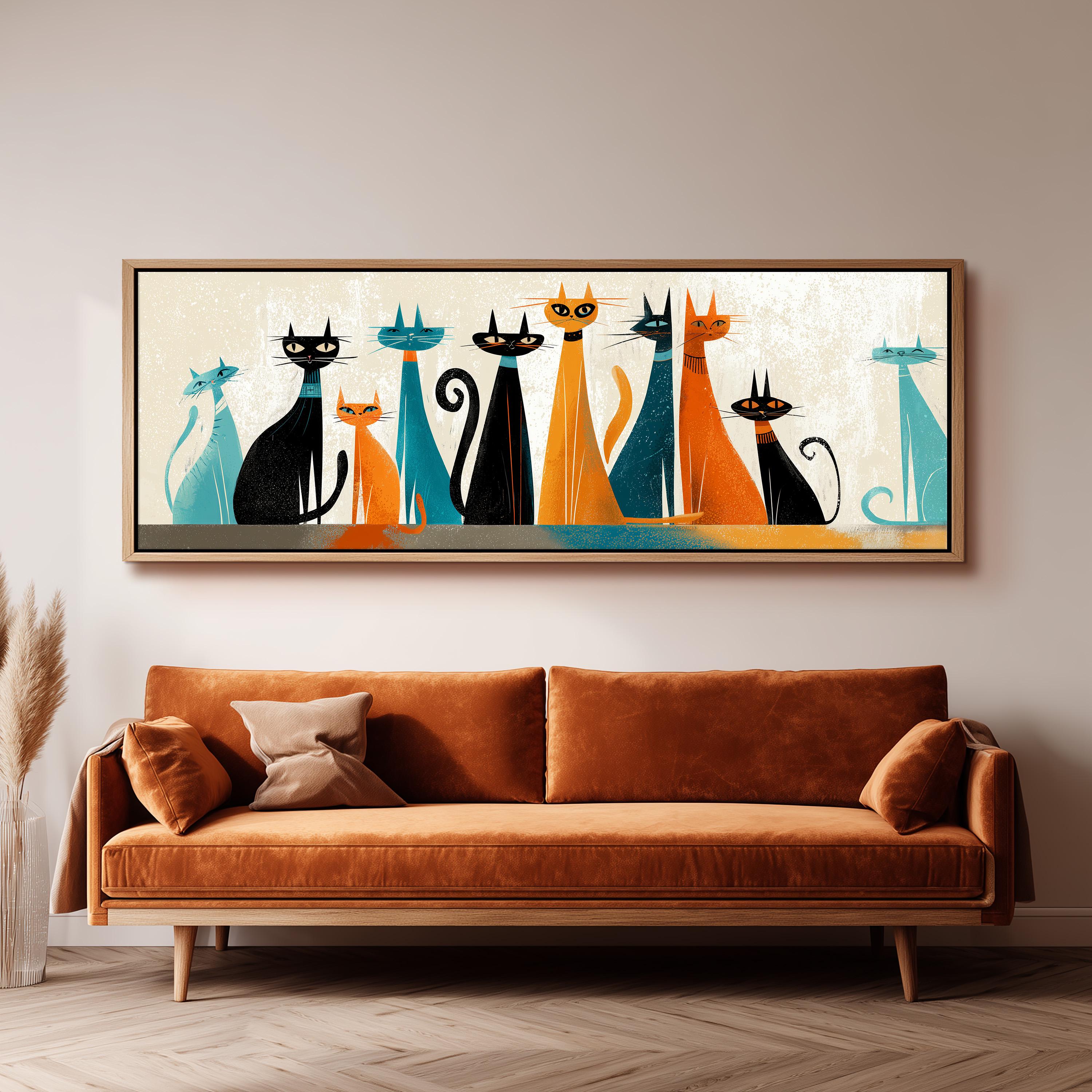 a large, colorful painting of cats hanging on a wall above a brown sofa.