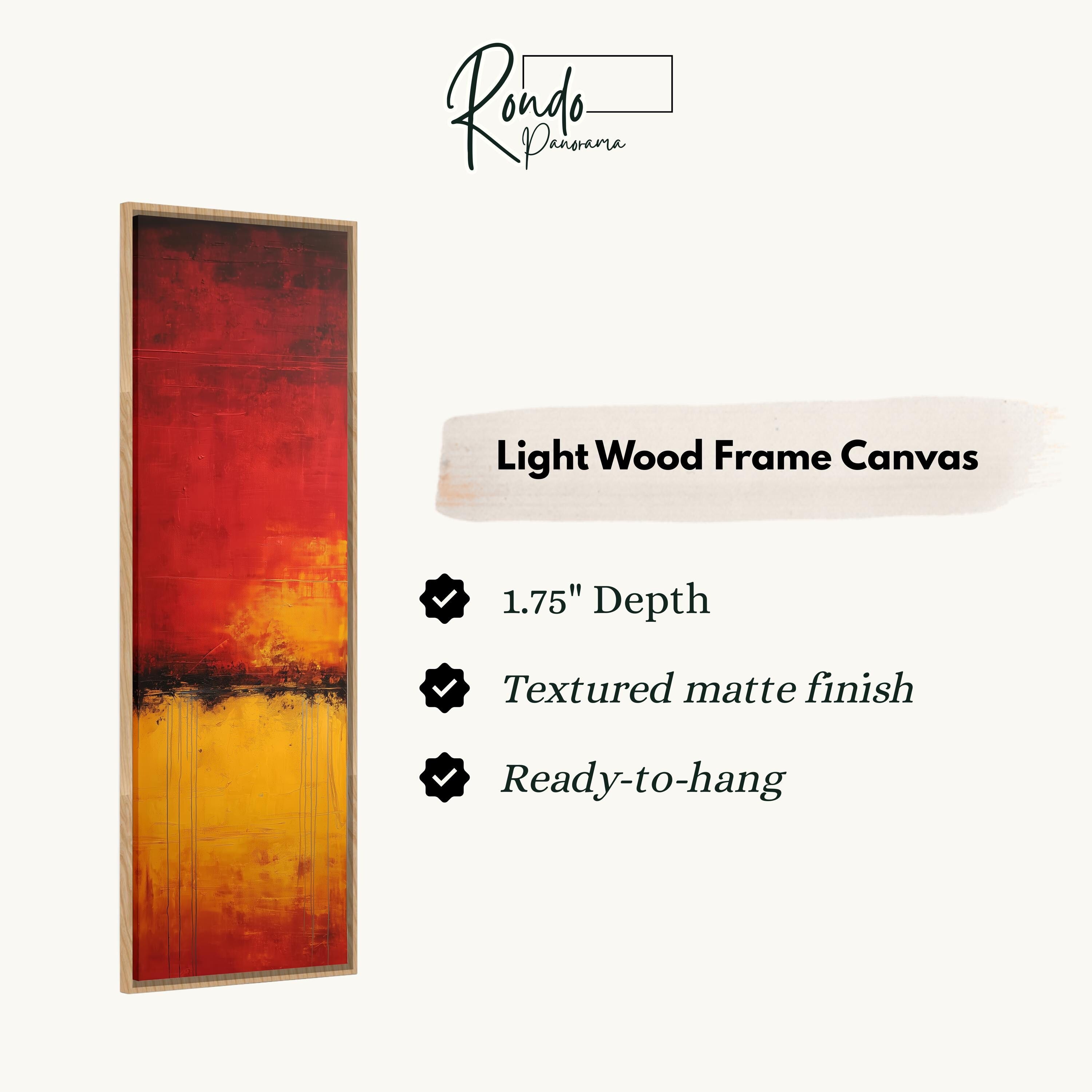 The image is a product description for a light wood frame canvas. It features a vertical painting with a red and yellow abstract design. The frame is described as having a 1.75" depth, a textured matte finish, and is ready to hang.