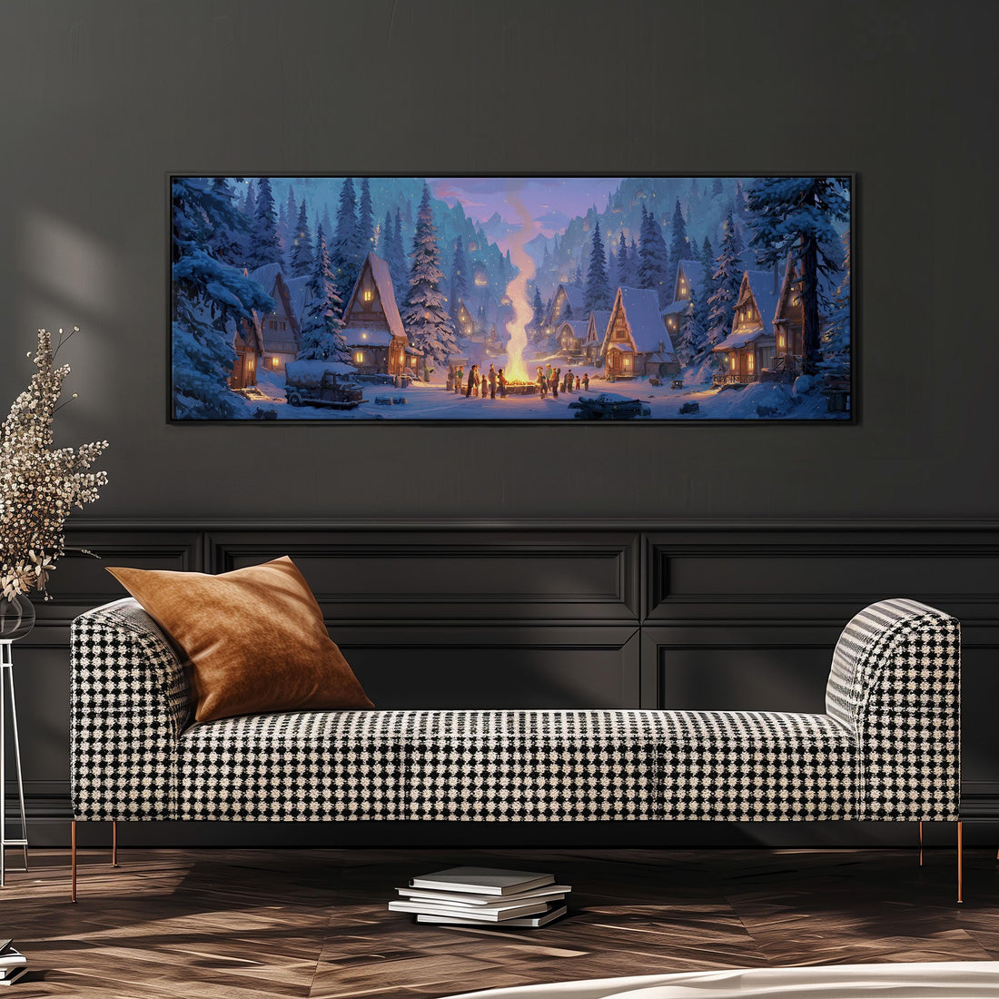 a large, framed painting of a snowy village scene hanging on a wall above a brown sofa.