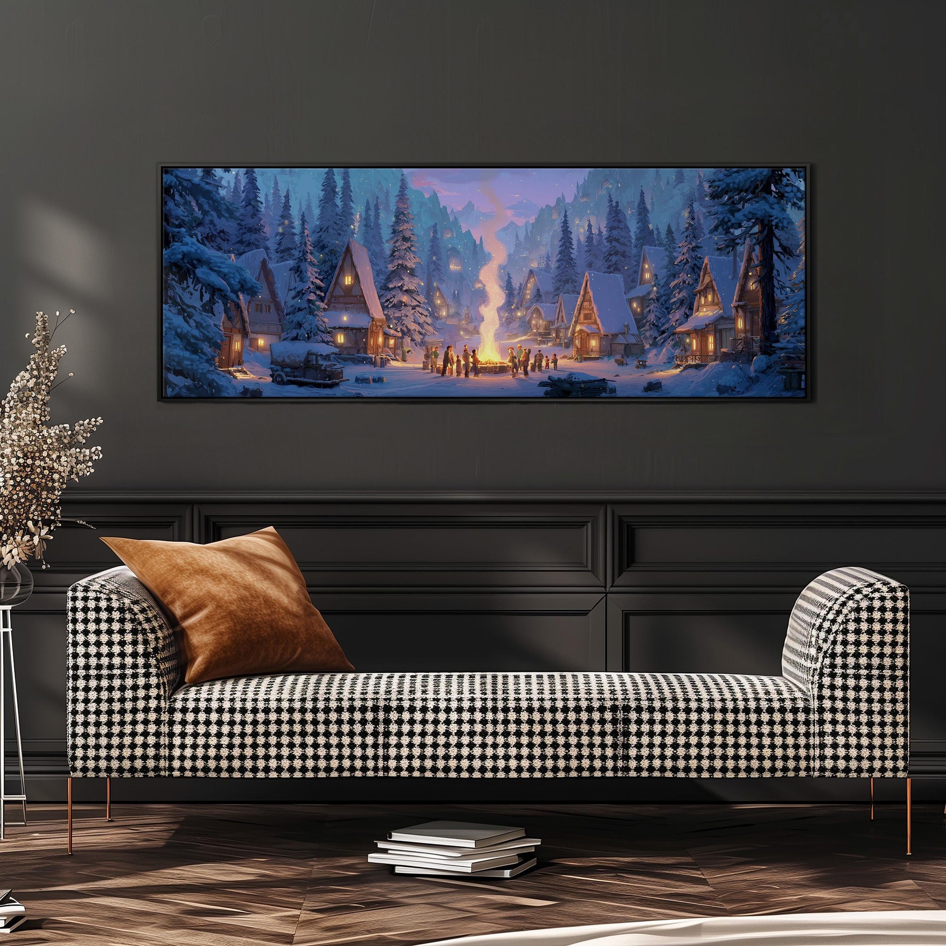 a cozy living room with a large, colorful painting of a snowy village hanging on the wall above a black and white checkered sofa.