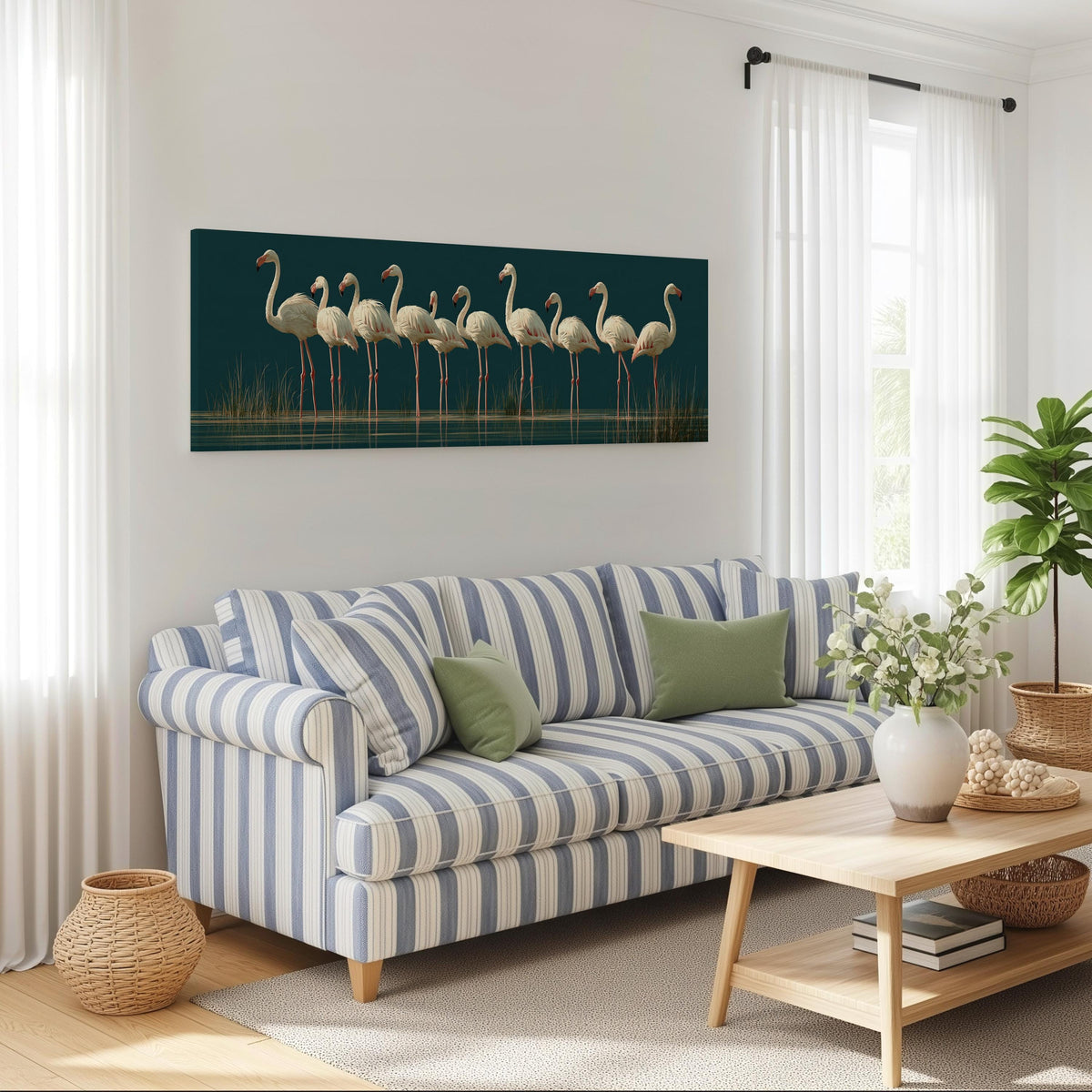 Pale flamingos wading on teal long horizontal canvas print above a striped sofa in a coastal living room