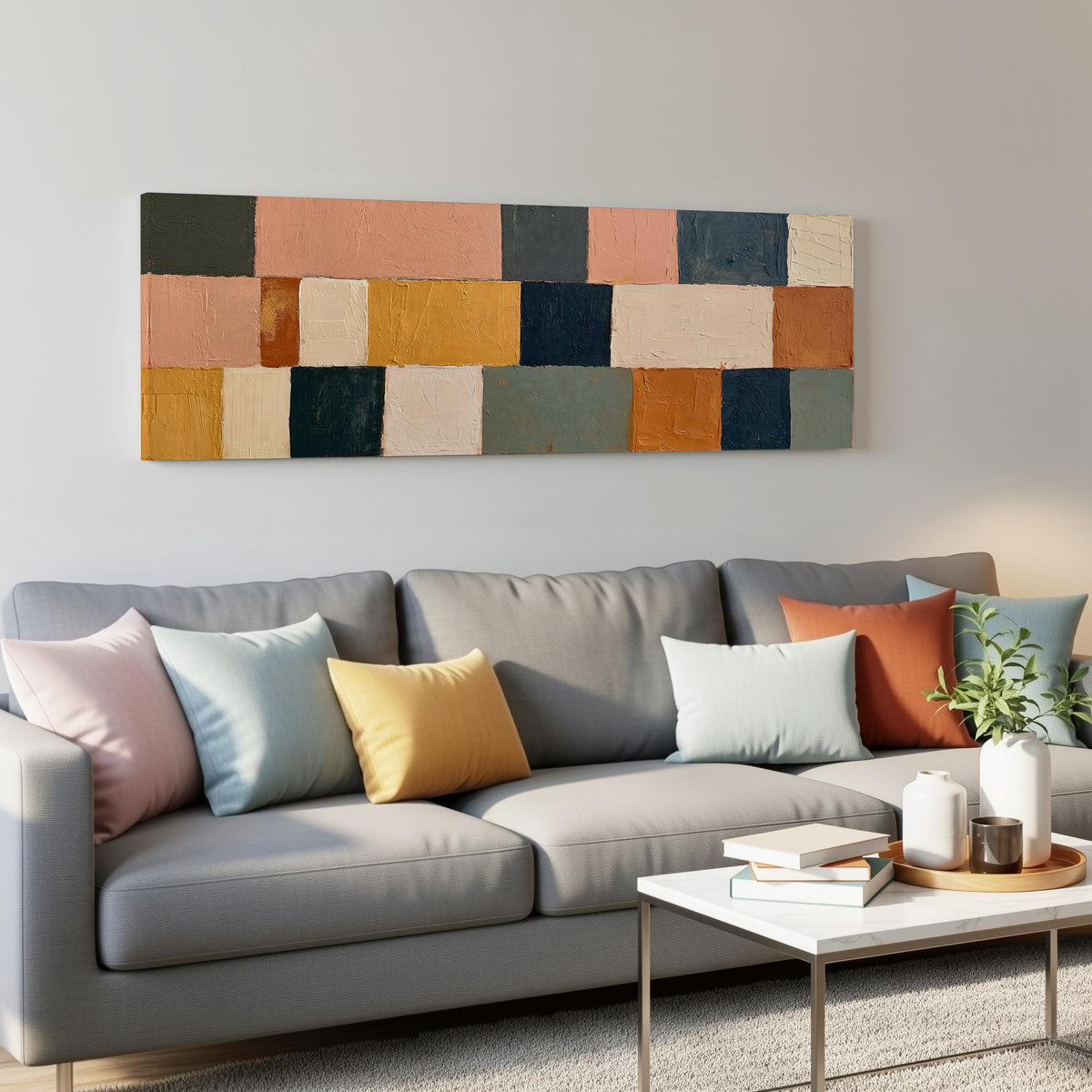 Mustard, sage, blush and navy patchwork panoramic canvas print above a grey sofa in a living room