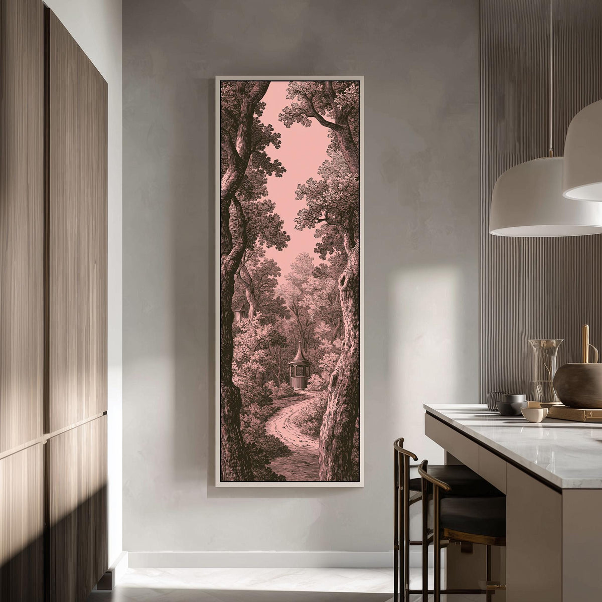 Vintage engraving of a garden path in pink tall skinny canvas print in a modern kitchen