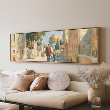 Jerusalem old city street with the golden dome long horizontal canvas print above a sofa in a living room