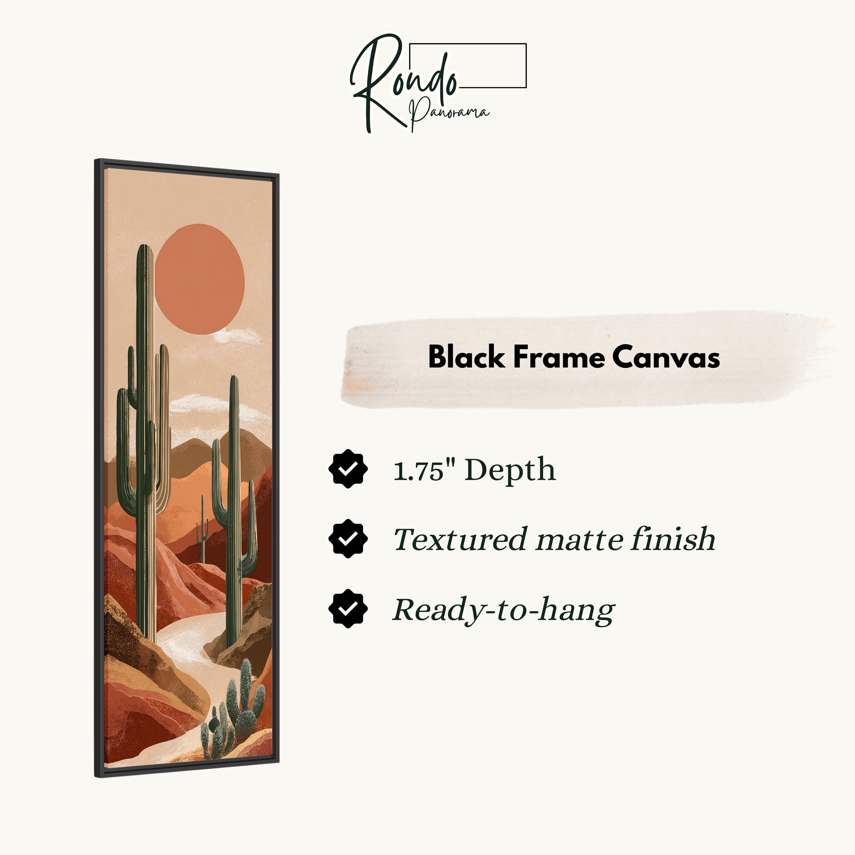 The image is a black frame canvas depicting a desert landscape with cacti and mountains.