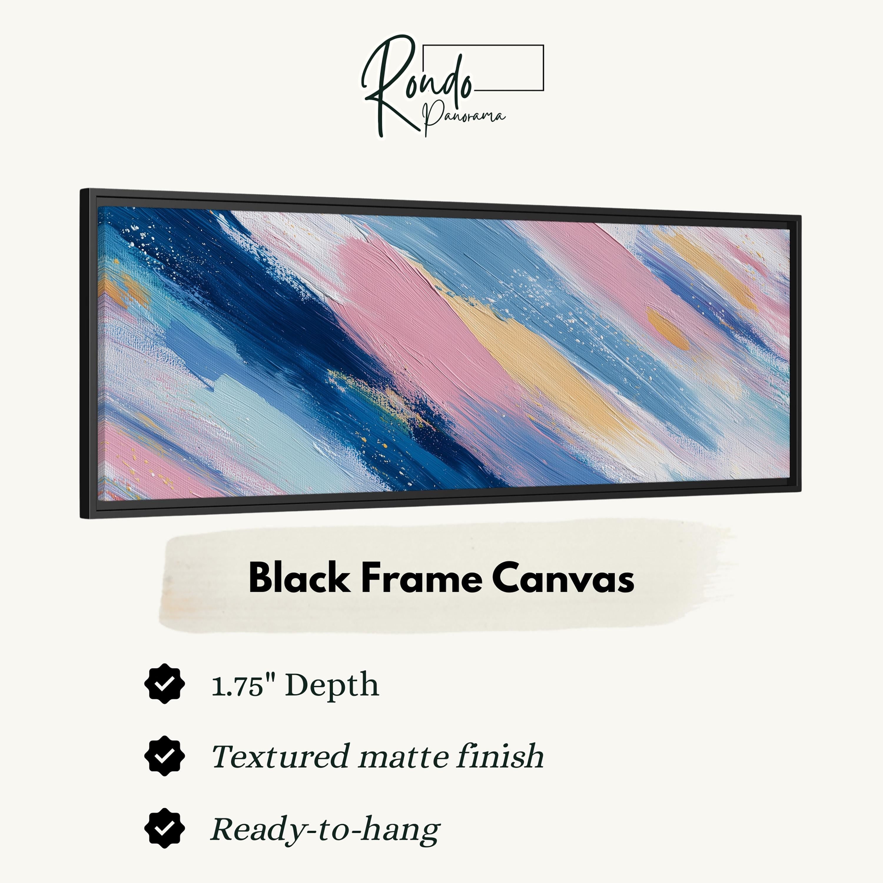 The image is a black frame canvas with a textured matte finish, measuring 1.75" in depth. It is ready to hang and has a textured matte finish.