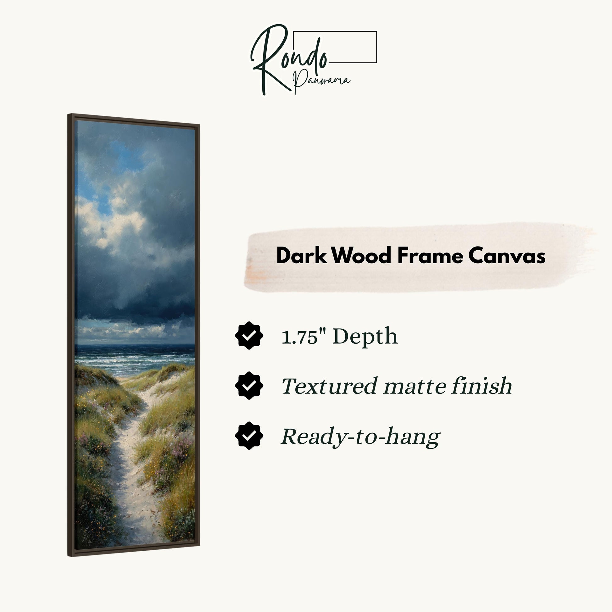 The image is a dark wood frame canvas depicting a beach scene with a path leading to the ocean.