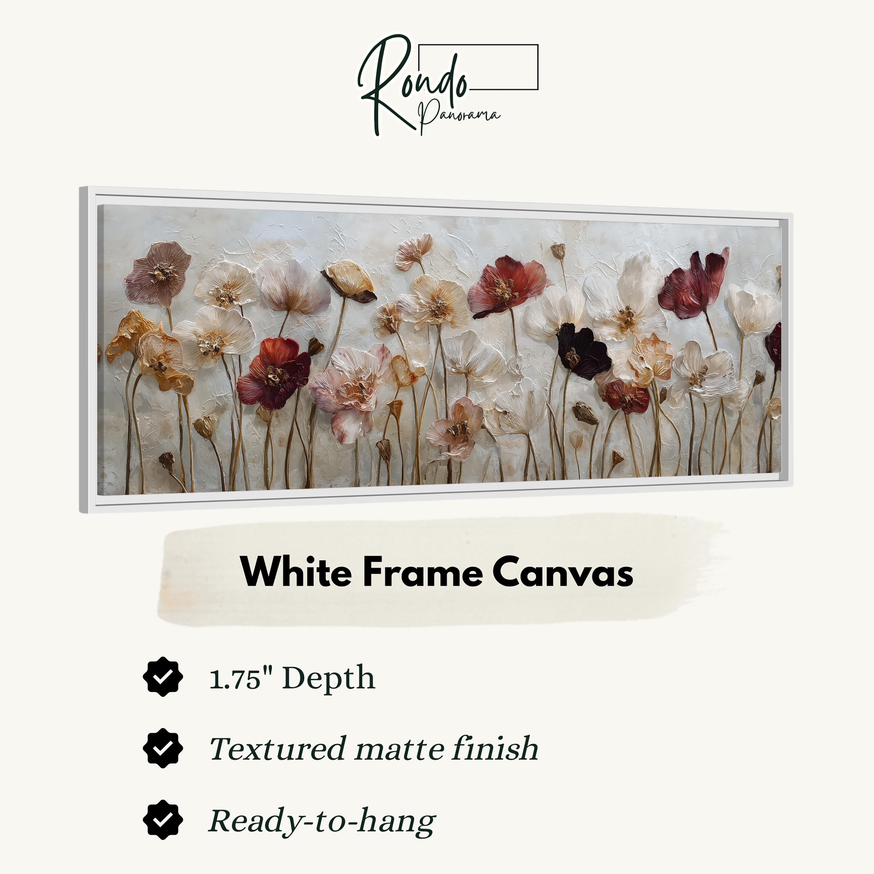 The image is a framed artwork depicting a collection of flowers in various colors and textures, including white, red, and brown.