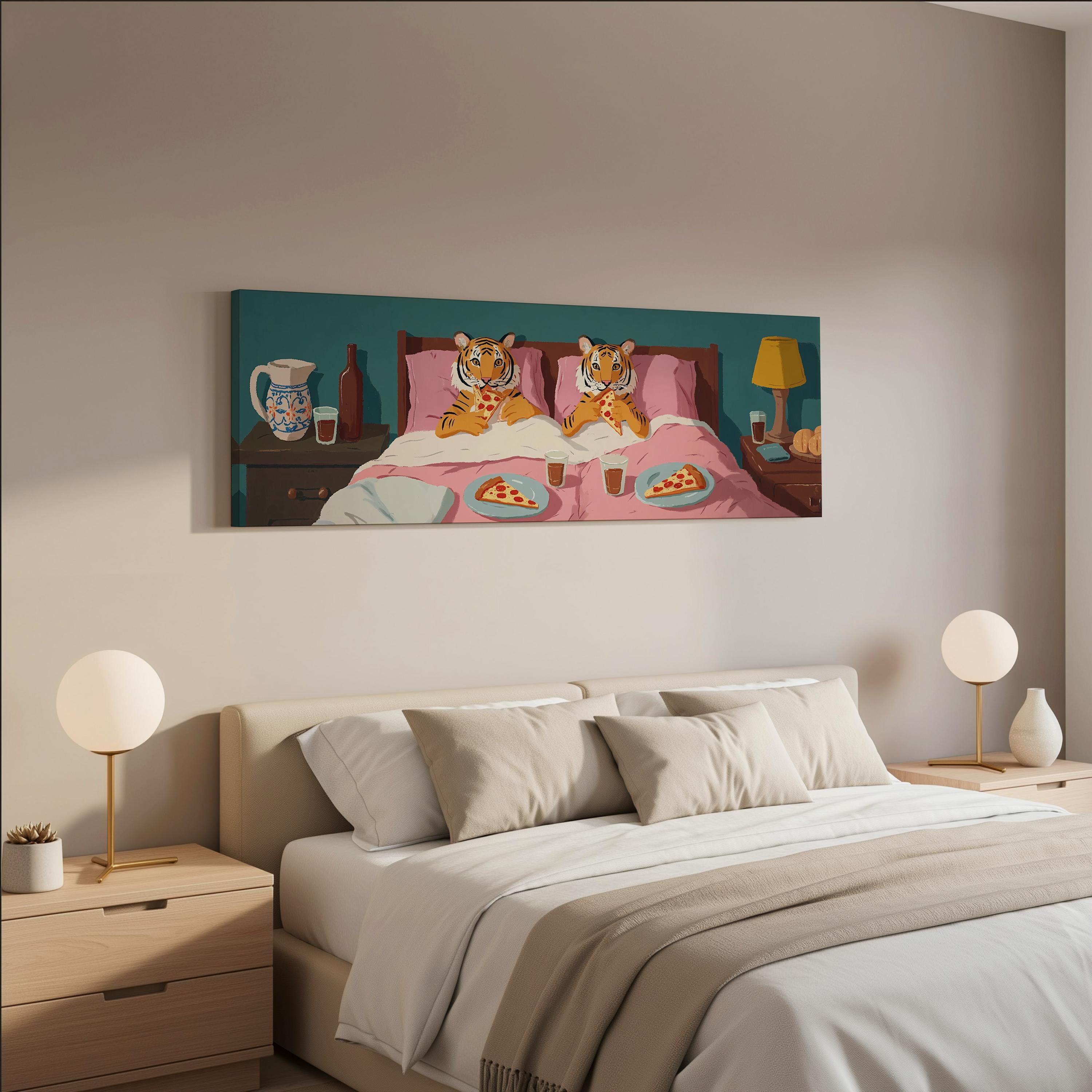 a bedroom with a large bed, two nightstands with lamps, and a painting of two tiger cats sitting on a bed.